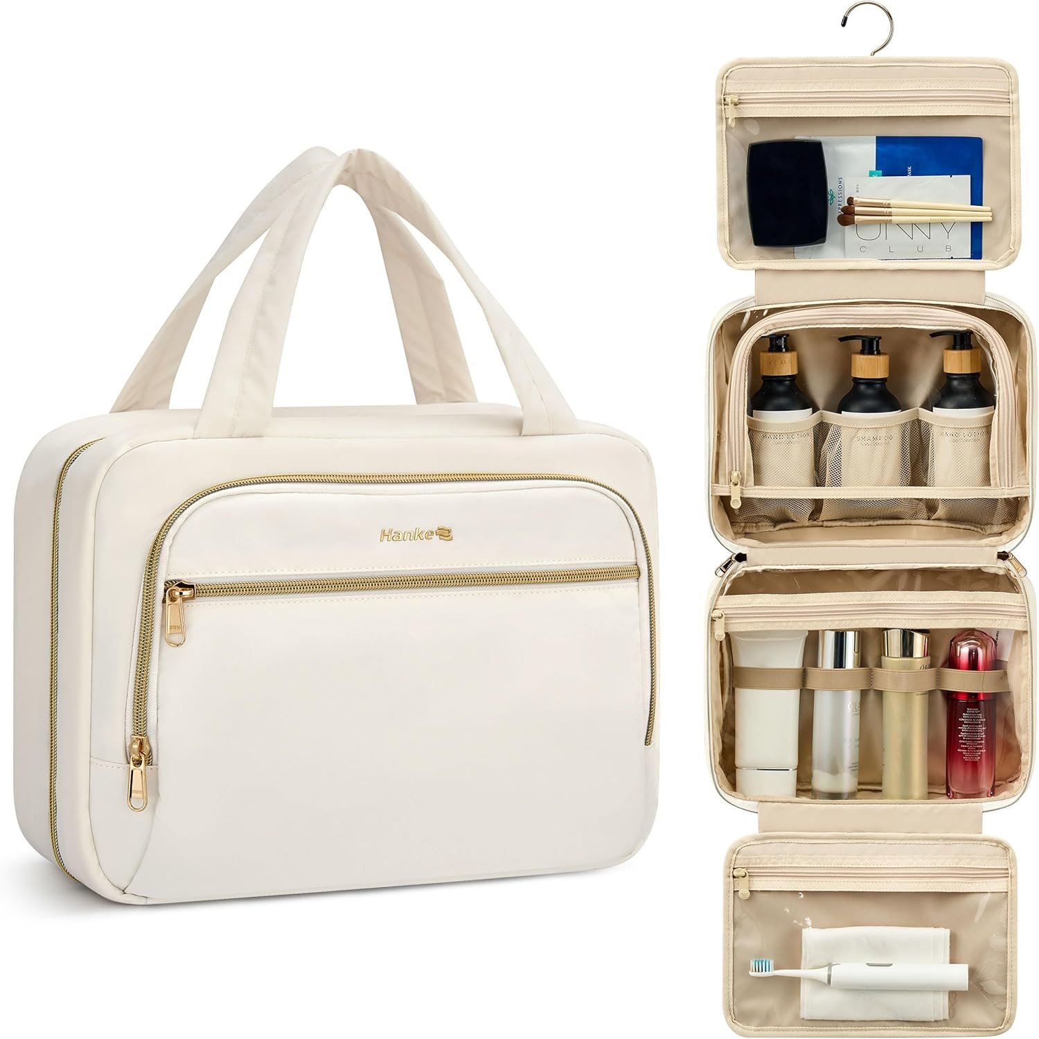 Custom Logo Hanging Travel Toiletry Bag for Women Water-Resistant Private Label Makeup Organizer with Hook Cosmetic Bag for Bathroom and Travel Essentials Manufacturer Off White