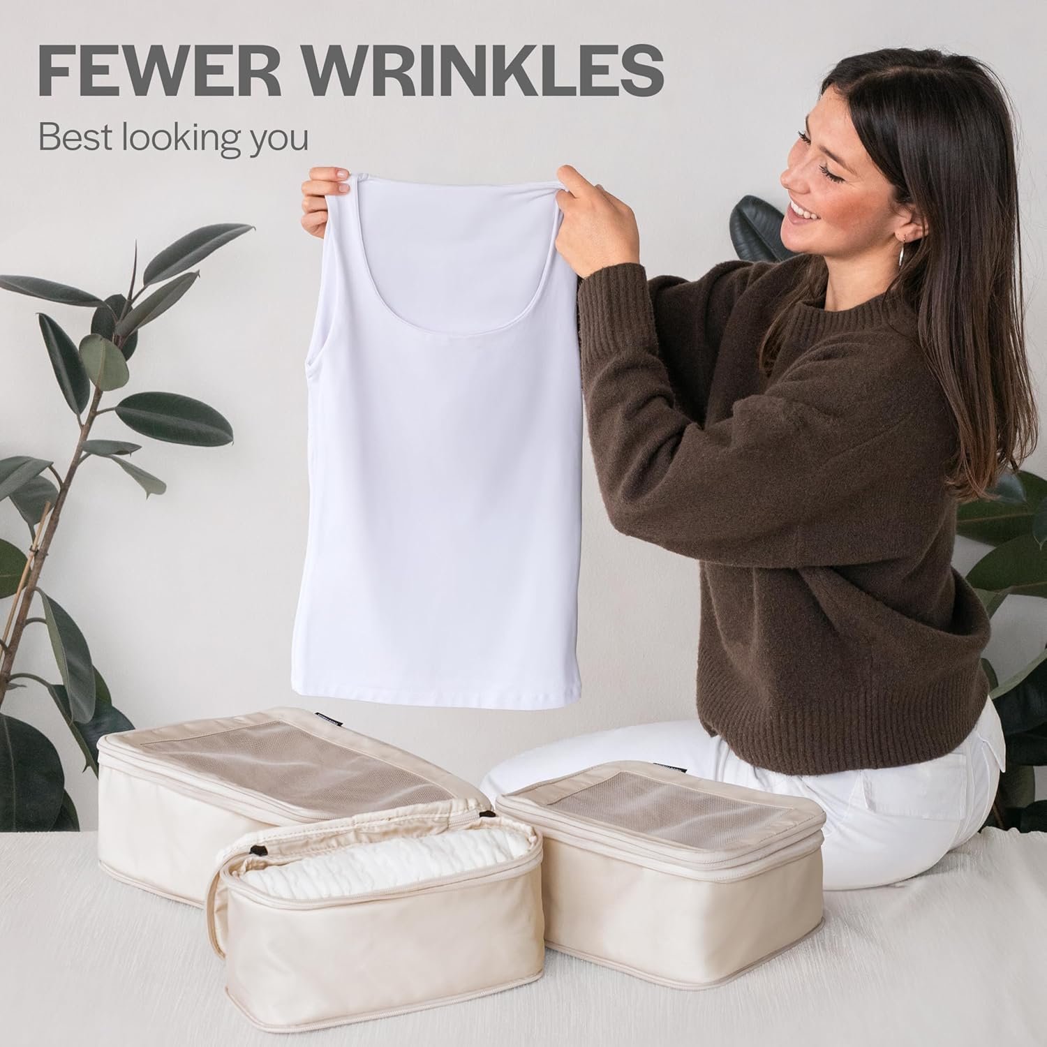 Custom Logo Compression Packing Cubes for Travel - Private Label Double Zipper Luggage Organizer Bags for Suitcases from Factory (4-Pack, Beige)