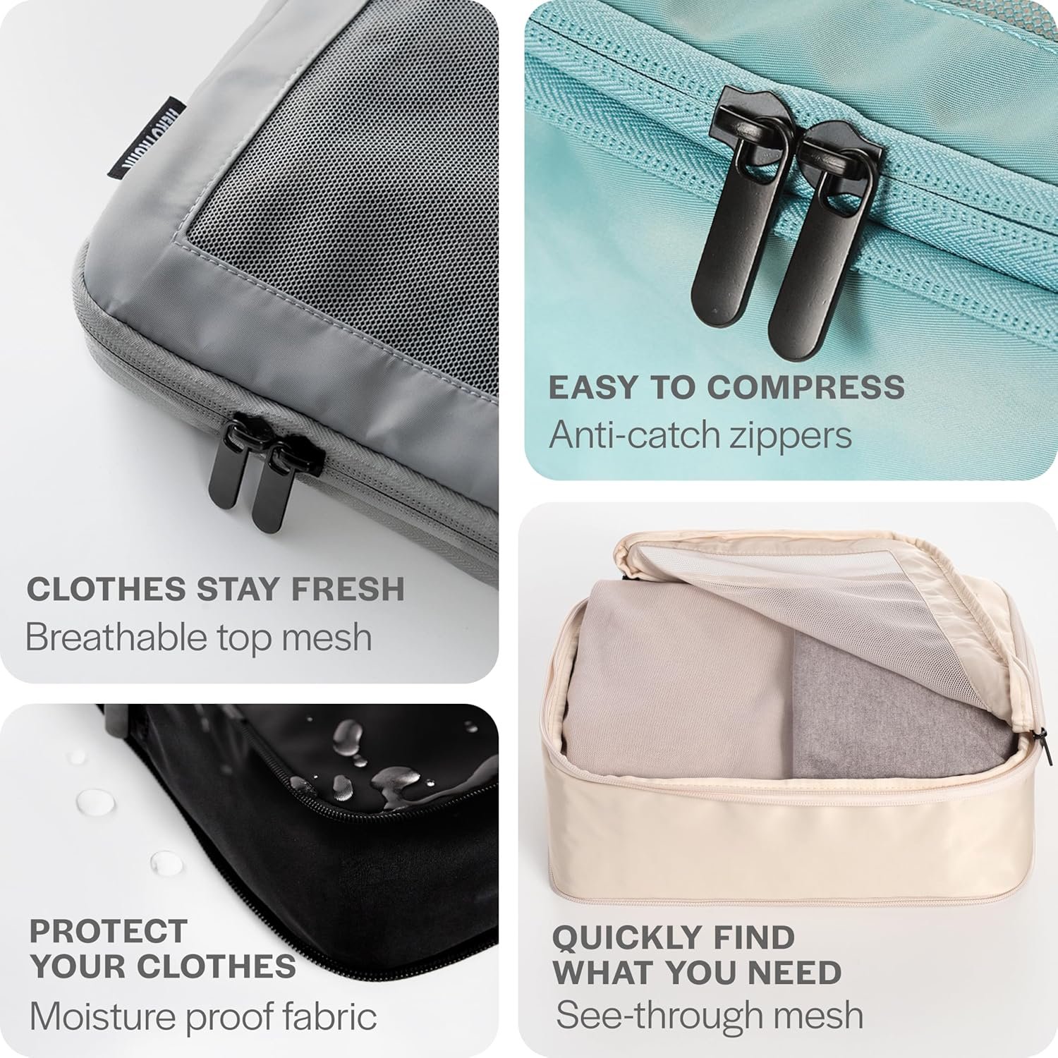 Custom Logo Compression Packing Cubes for Travel - Private Label Double Zipper Luggage Organizer Bags for Suitcases from Factory (4-Pack, Beige)