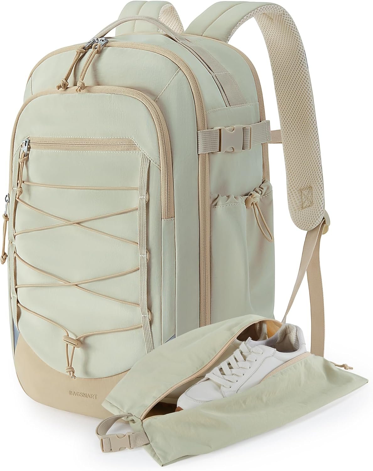 Custom Logo 17 Inch Carry On Travel Backpack Private Label Flight Approved Anti-Theft Personal Item Bag with Shoe Bag 30L Water Resistant Casual Daypack Manufacturer Beige