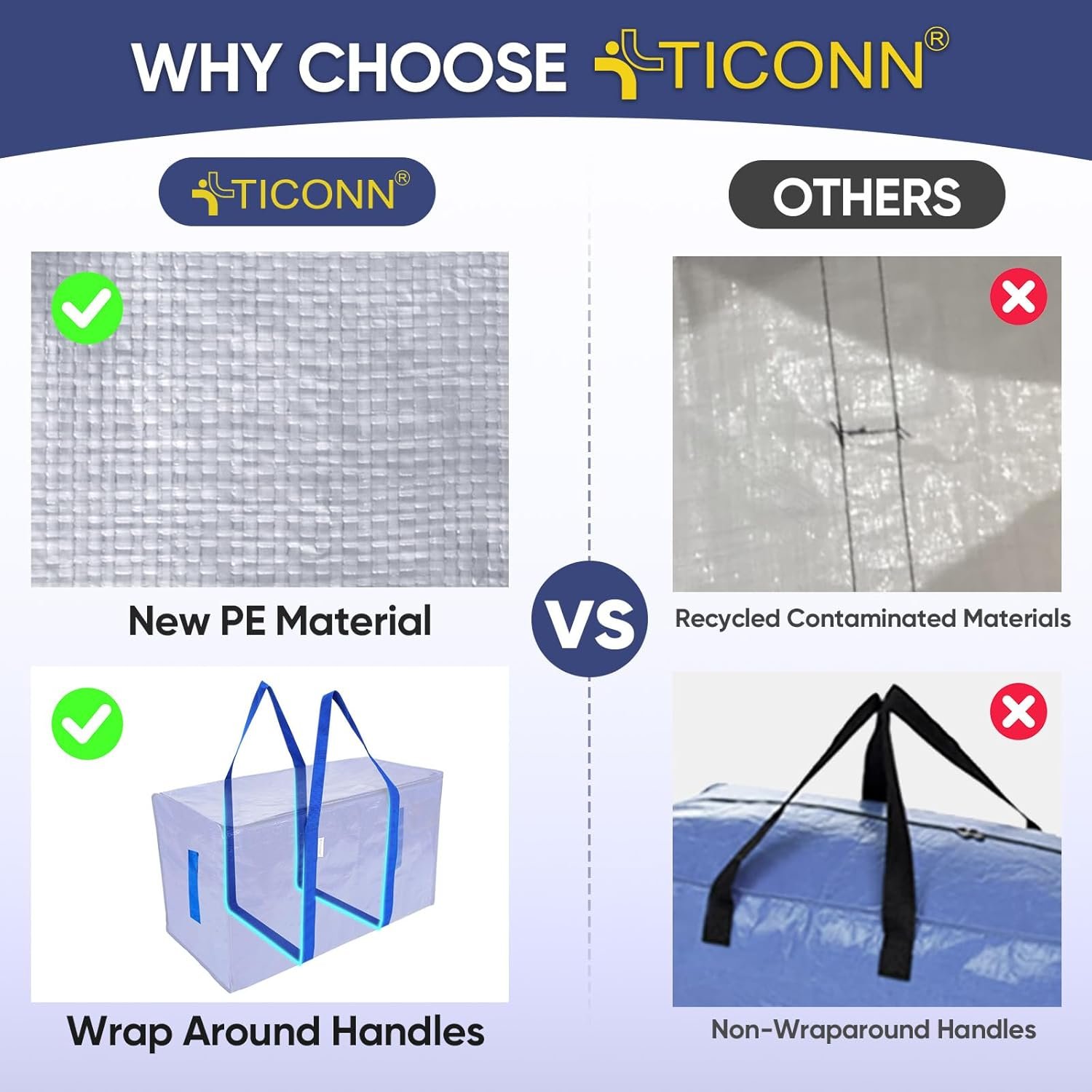 Private Label 4 Pack Extra Large Heavy Duty Moving Bags with Zippers and Carrying Handles Manufacturer Durable Storage Alternative to Boxes for Closet Organizers Custom Logo Blue