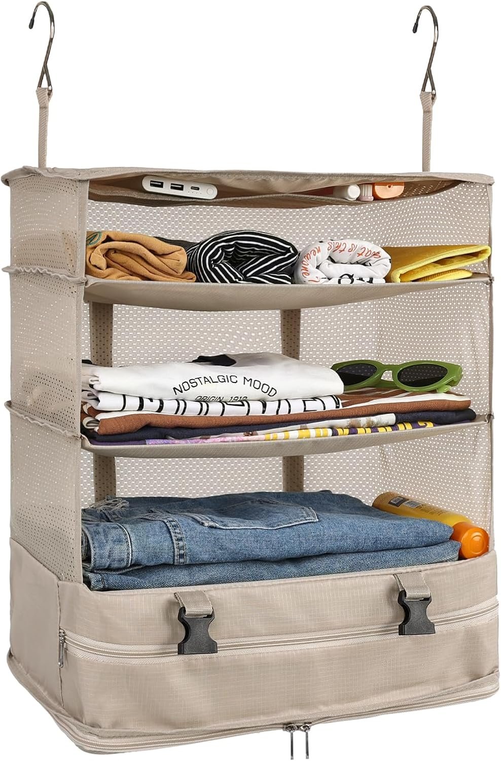 Manufacturer Hanging Closet Storage Bag Collapsible 3-Shelf Washable Oxford Fabric with Custom Logo and 2 Hooks XL 17.71  11.81  20in Beige Private Label