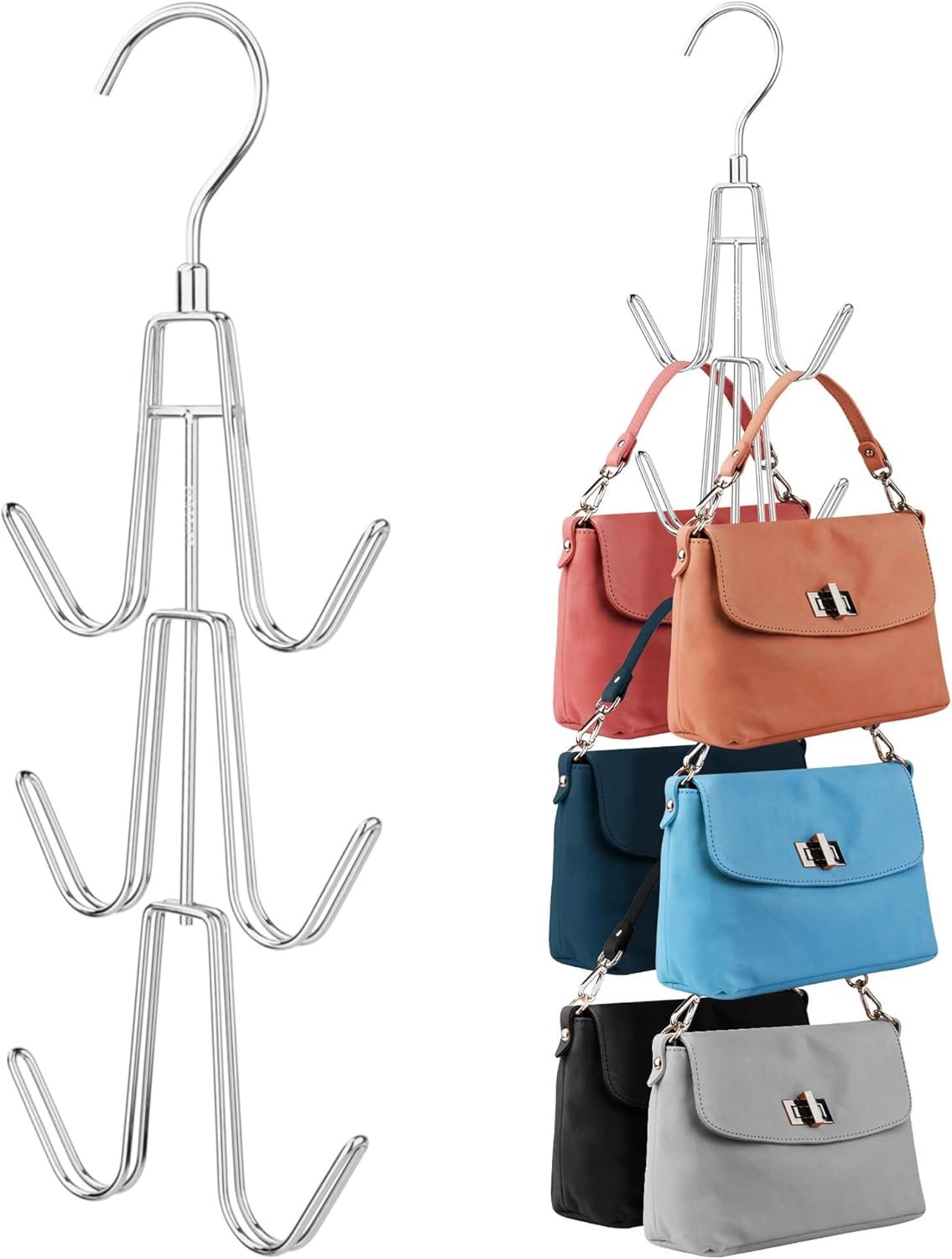 Private Label Closet Purse Organizer 2 Pack Hanger with 12 Hooks Custom Logo Space Saving Metal Rack Holds Multiple Handbags Backpacks Silver Factory