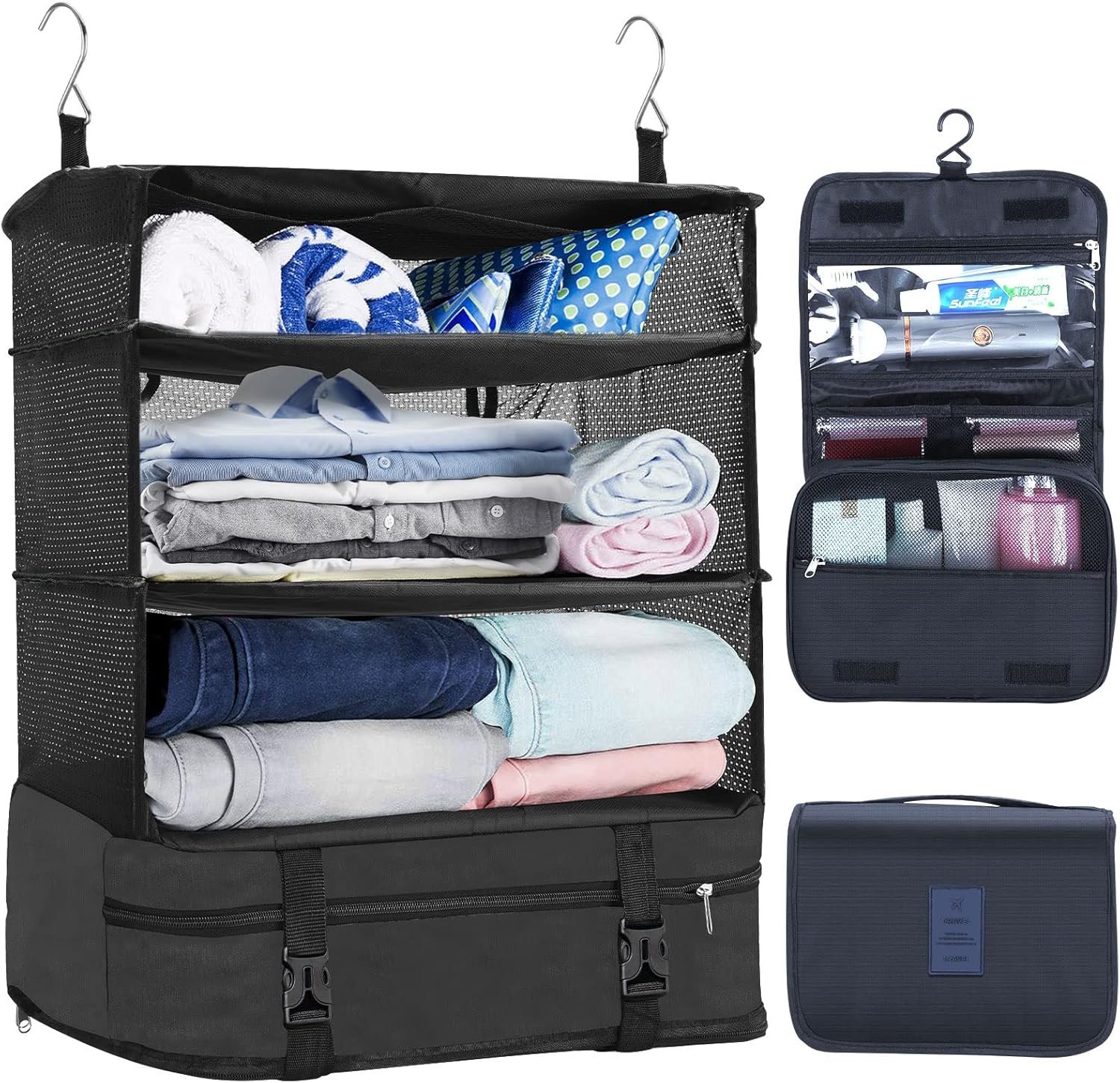 Private Label Portable Hanging Travel Shelves with Toiletry Bag Set Durable Oxford Custom Logo Packing Cubes for Suitcases Carry-On Closet Luggage Organizers Manufacturer