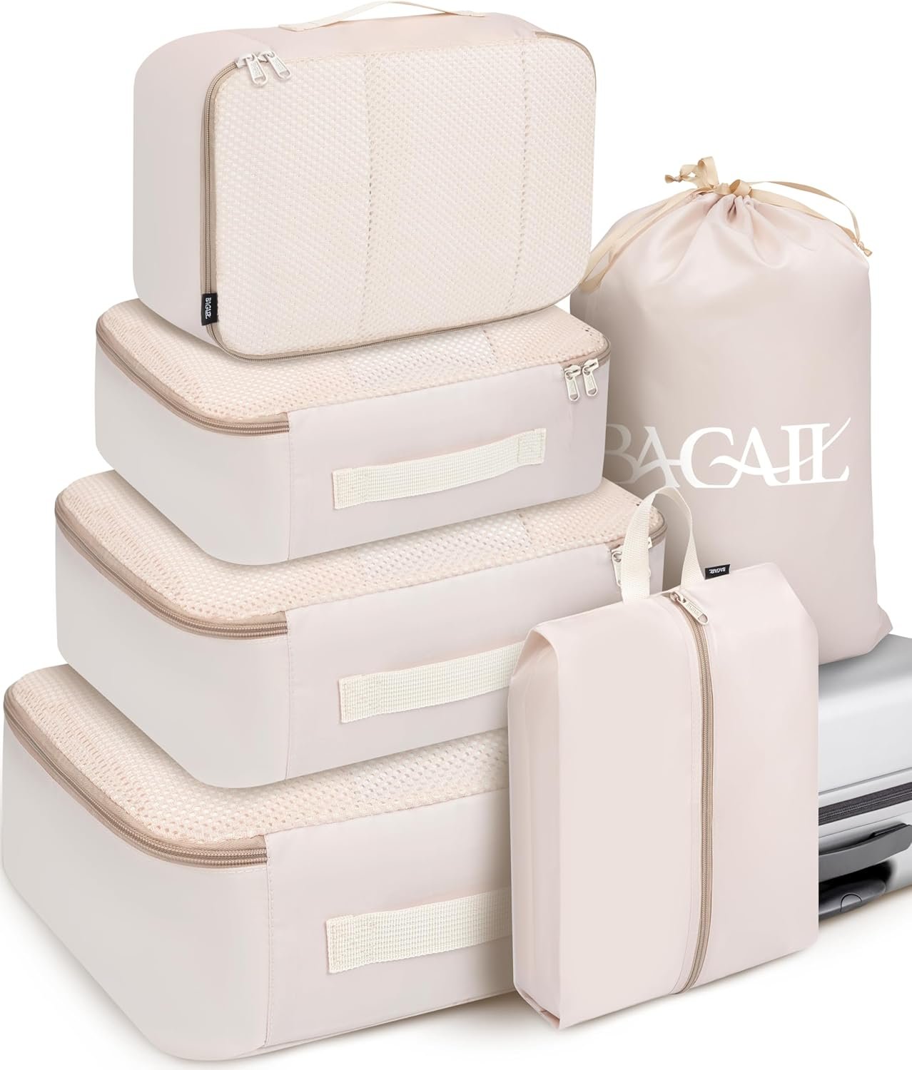 Custom Logo 6 Set Packing Cubes Luggage Organizers Private Label Travel Accessories Manufacturer Beige