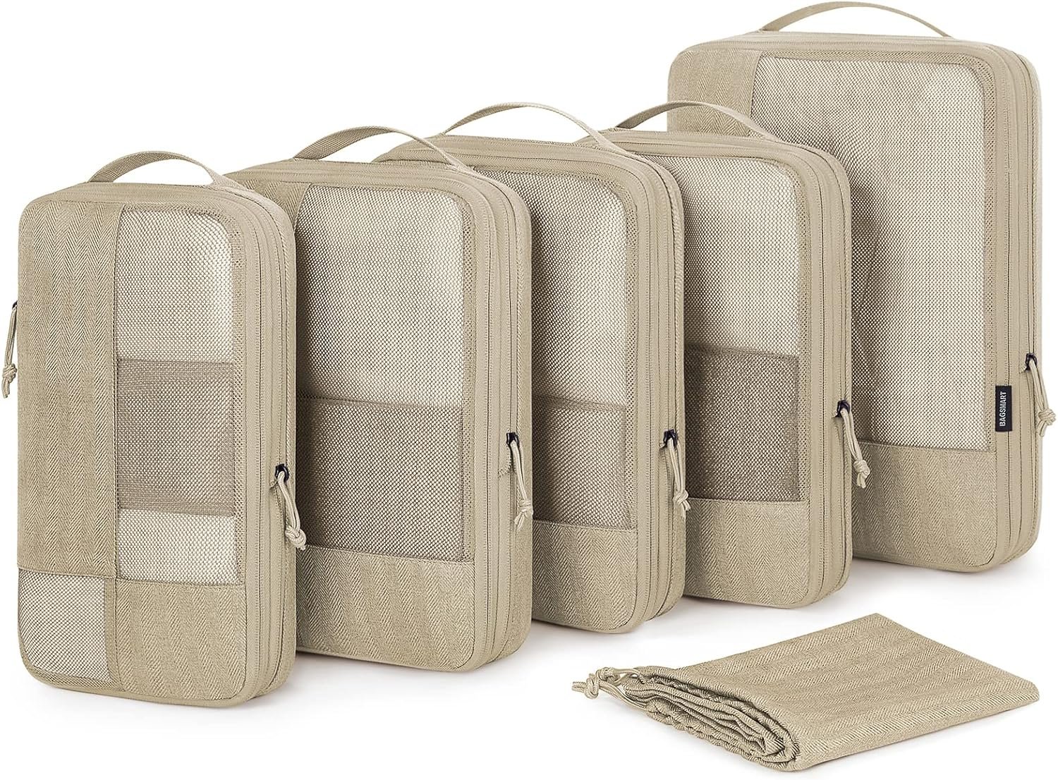 Factory 6 Set Compression Packing Cubes with Custom Logo for Travel Carry-On Suitcases, Private Label Organizer with Shoe Bag Khaki