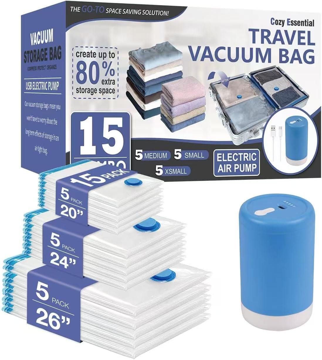 Private Label Space Saver Vacuum Storage Bags with Custom Logo Rechargeable Cordless Electric Pump for Luggage Suitcase Carry-On Clothes Blankets Comforters Pillows 15 Combo from Manufacturer