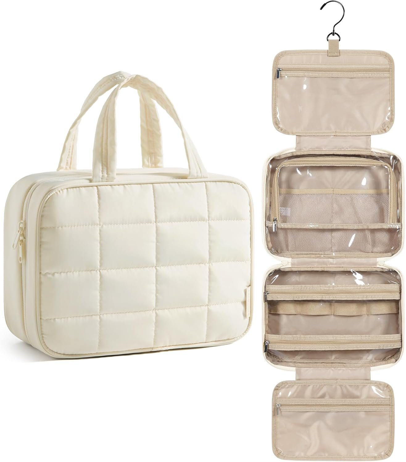 Private Label Hanging Travel Toiletry Bag for Women with Custom Logo Puffy Makeup Cosmetic Organizer Carry-On Essentials Beige Manufacturer