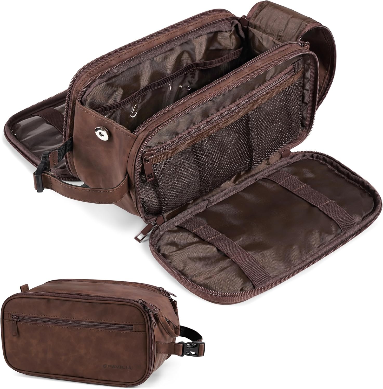 Manufacturer Toiletry Bag for Men Women Custom Logo Mens Travel Bag Toiletries Organizer Case Grooming Shaving Dopp Kit Private Label PU Leather Water Resistant Cosmetic Pouch Dark Brown