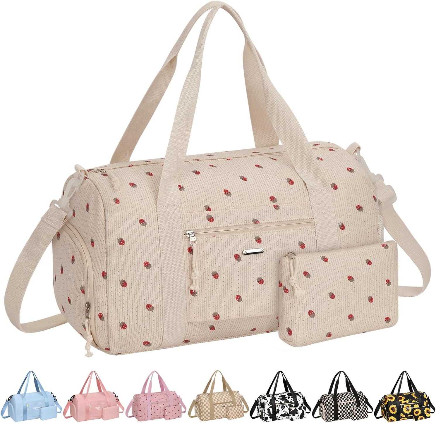 Private Label Small Corduroy Gym Duffle Bag Factory Direct for Women Teen Girls Kids with Shoe Compartment Portable for Sport Dance Workout Travel Beige Strawberry Custom Logo