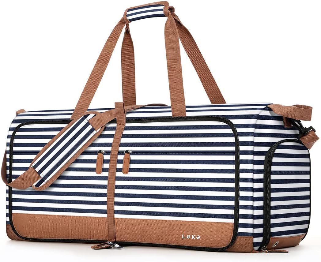 Private Label Foldable 80L Travel Duffel Bag for Women with Separate Shoe Compartments and Straps Custom Logo Carry-On Weekend Hospital Overnight Bag Blue Stripes Manufacturer
