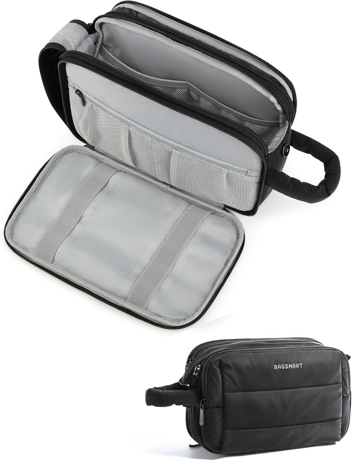 Private Label Large Puffy Wide-Open Travel Toiletry Bag for Women, Water-Resistant Cosmetic Makeup Organizer Dopp Kit with Custom Logo Manufacturer-Black