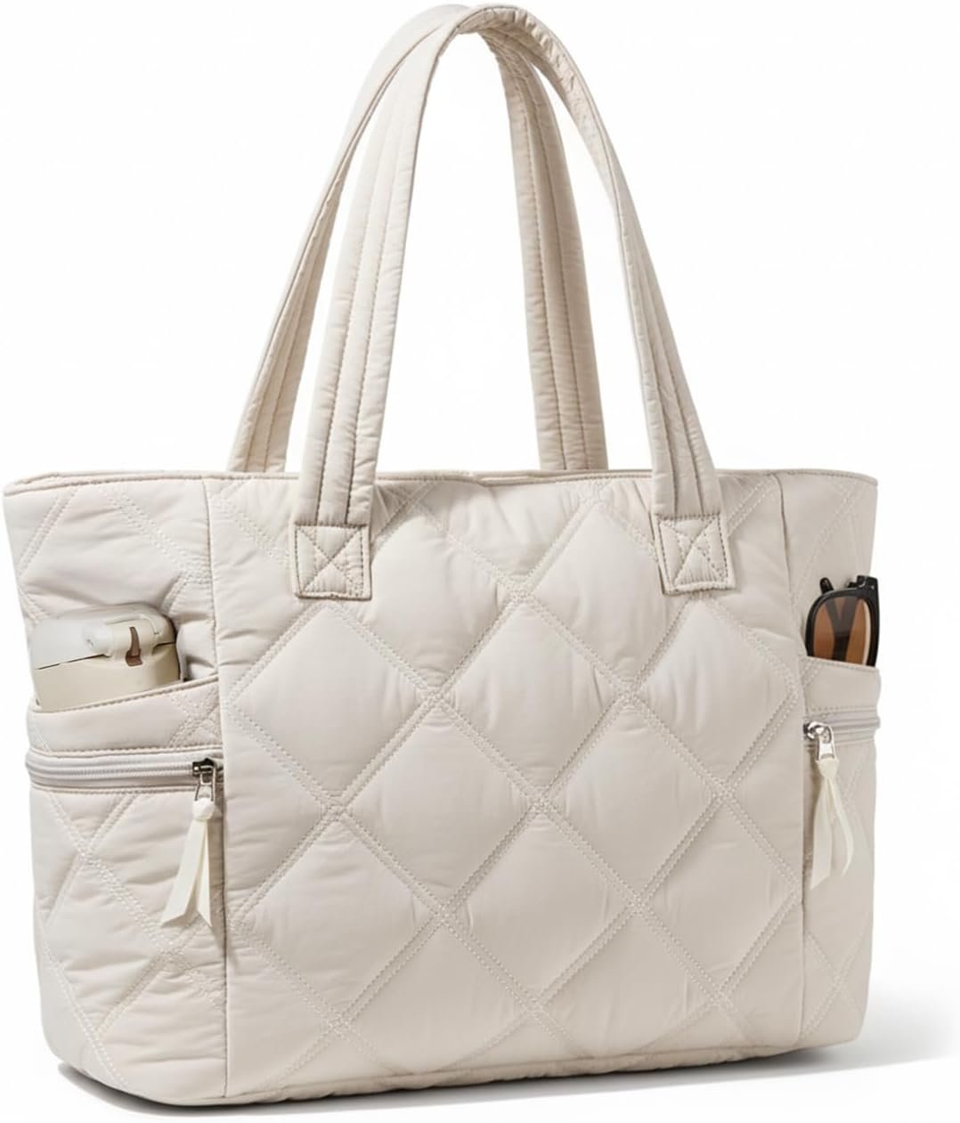 Custom Logo Quilted Puffer Tote Bag for Women Lightweight with Zipper Private Label for Travel Work Nurse Gym Manufacturer (Beige)