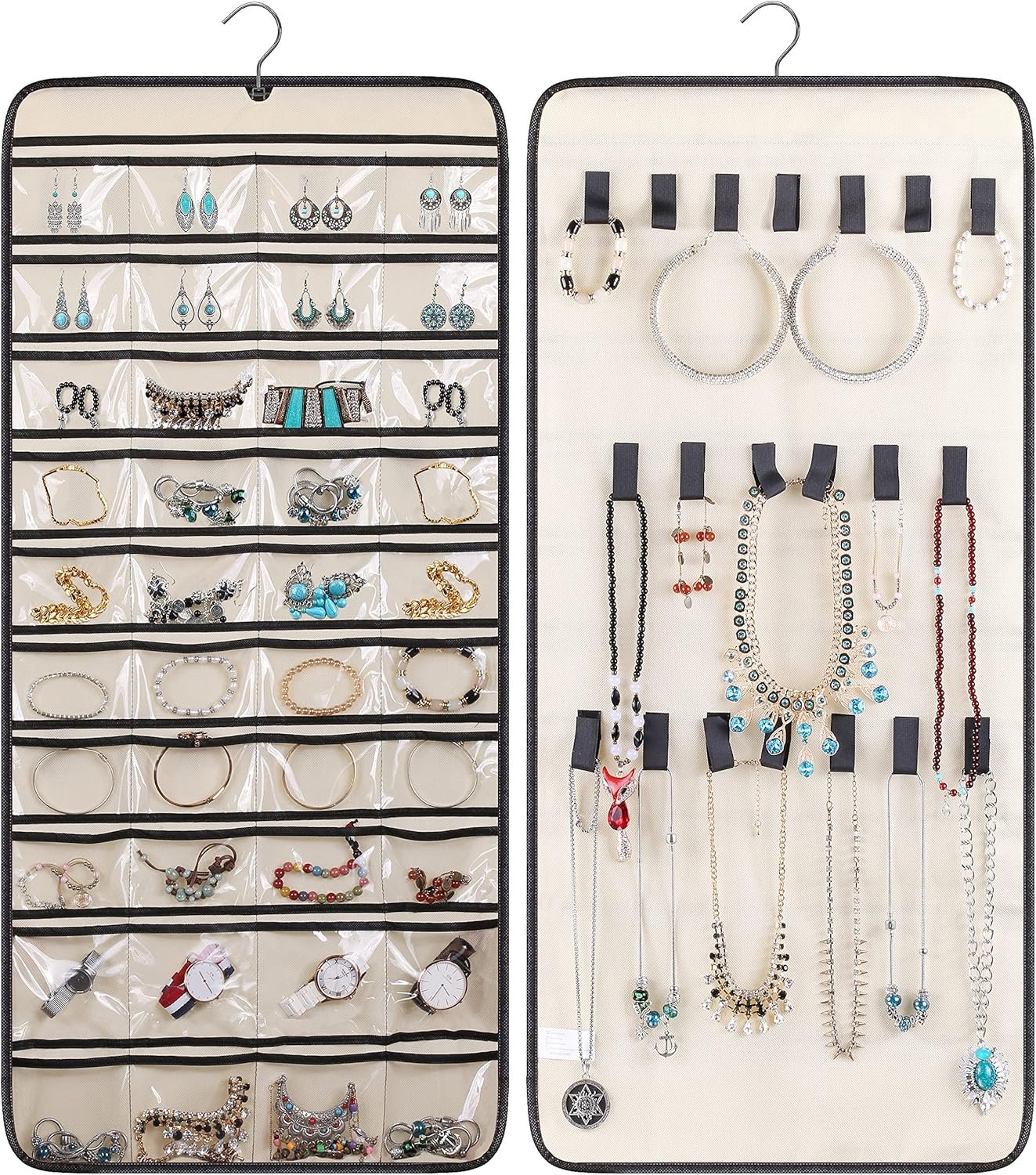 Private Label Dual-Sided Hanging Jewelry Organizer with 40 Pockets and 20 Hook & Loops Custom Logo Closet Necklace Holder for Earrings Bracelets Rings Chains with Rotating Hanger Beige Manufacturer