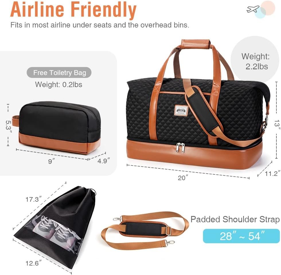 Private Label Weekender Bags for Women Travel Duffle Carry On Overnight Bag with Shoe Compartment Toiletry Bag Custom Logo Large Weekend Tote Gym Hospital Labor Delivery Bag 50L Quilted Black Manufacturer