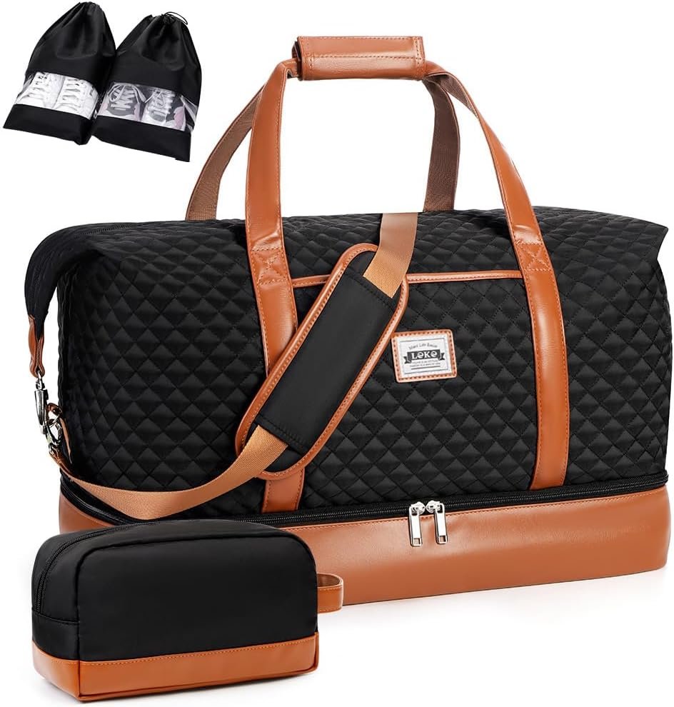 Private Label Weekender Bags for Women Travel Duffle Carry On Overnight Bag with Shoe Compartment Toiletry Bag Custom Logo Large Weekend Tote Gym Hospital Labor Delivery Bag 50L Quilted Black Manufacturer