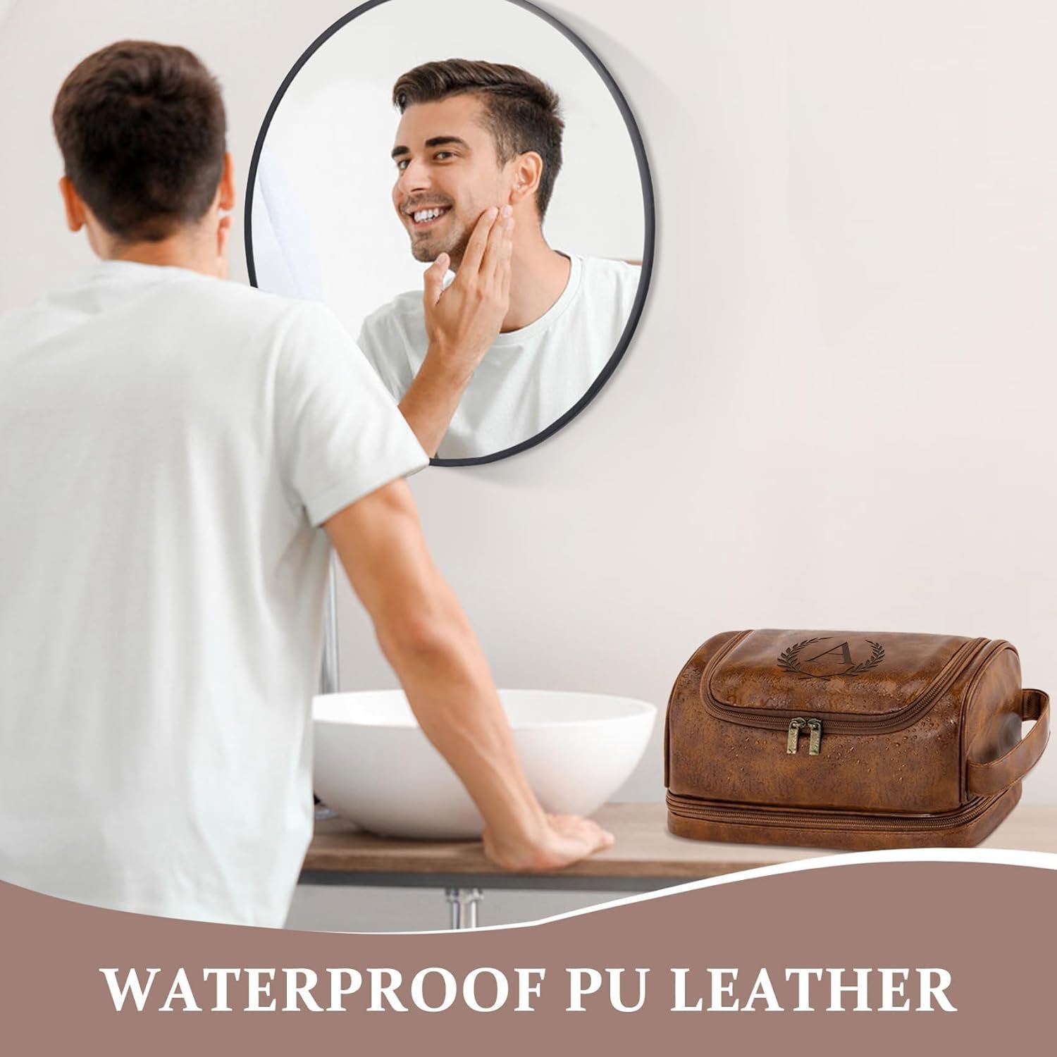 Custom Logo Personalized Christmas Birthday Toiletry Bag for Men Dad Husband Private Label PU Leather Waterproof Dopp Kit Shaving Organizer Travel Essential Light Brown J Factory Custom Logo Personalized Christmas Birthday Toiletry Bag for Men Dad Husband Private Label PU Leather Waterproof Dopp Kit Shaving Organizer Travel Essential Light Brown J Factory