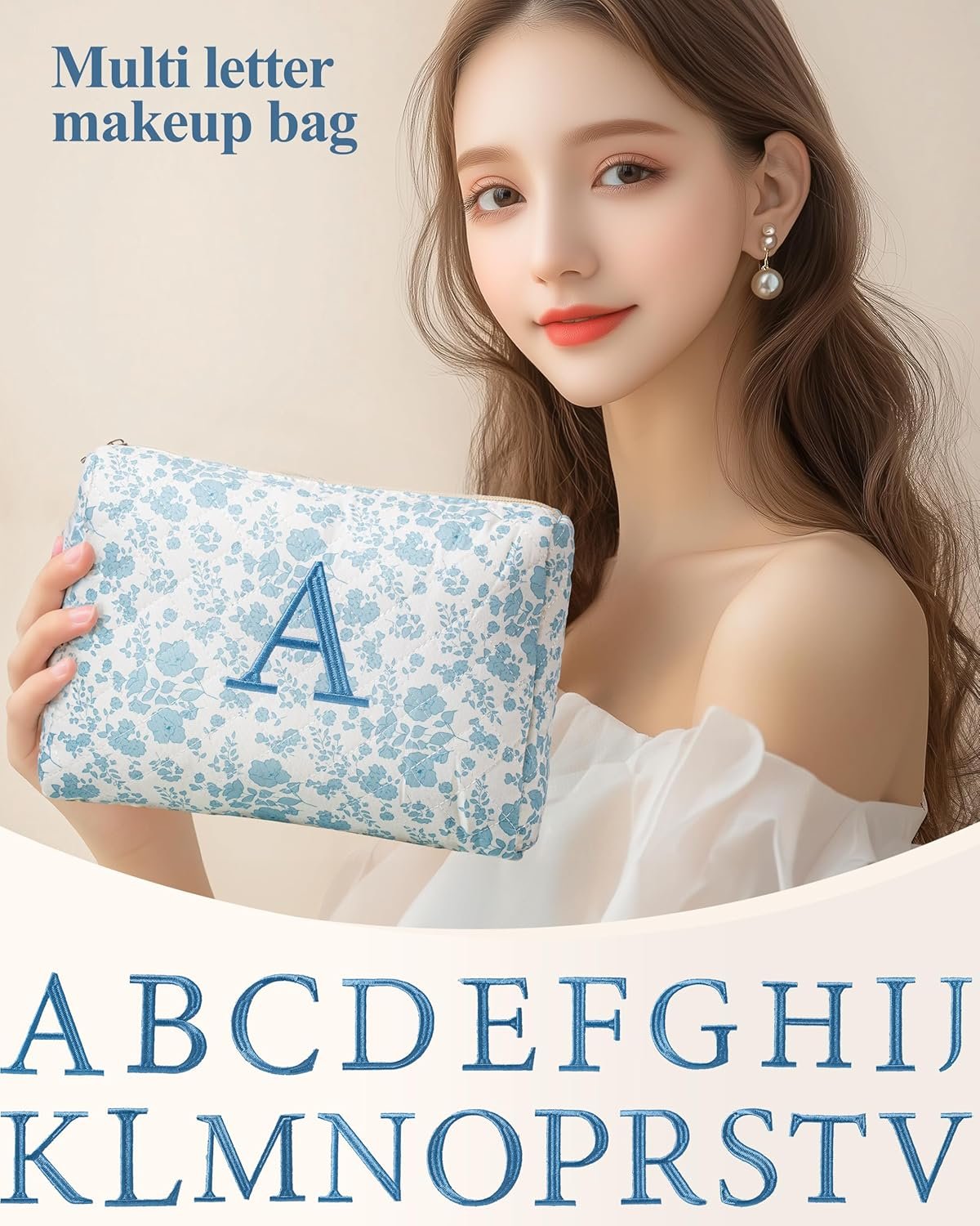 Custom Logo Initial Quilted Cotton Large Makeup Bag Private Label Cute Floral Coquette Travel Cosmetic Toiletry Bag for Women Girls Size S Manufacturer