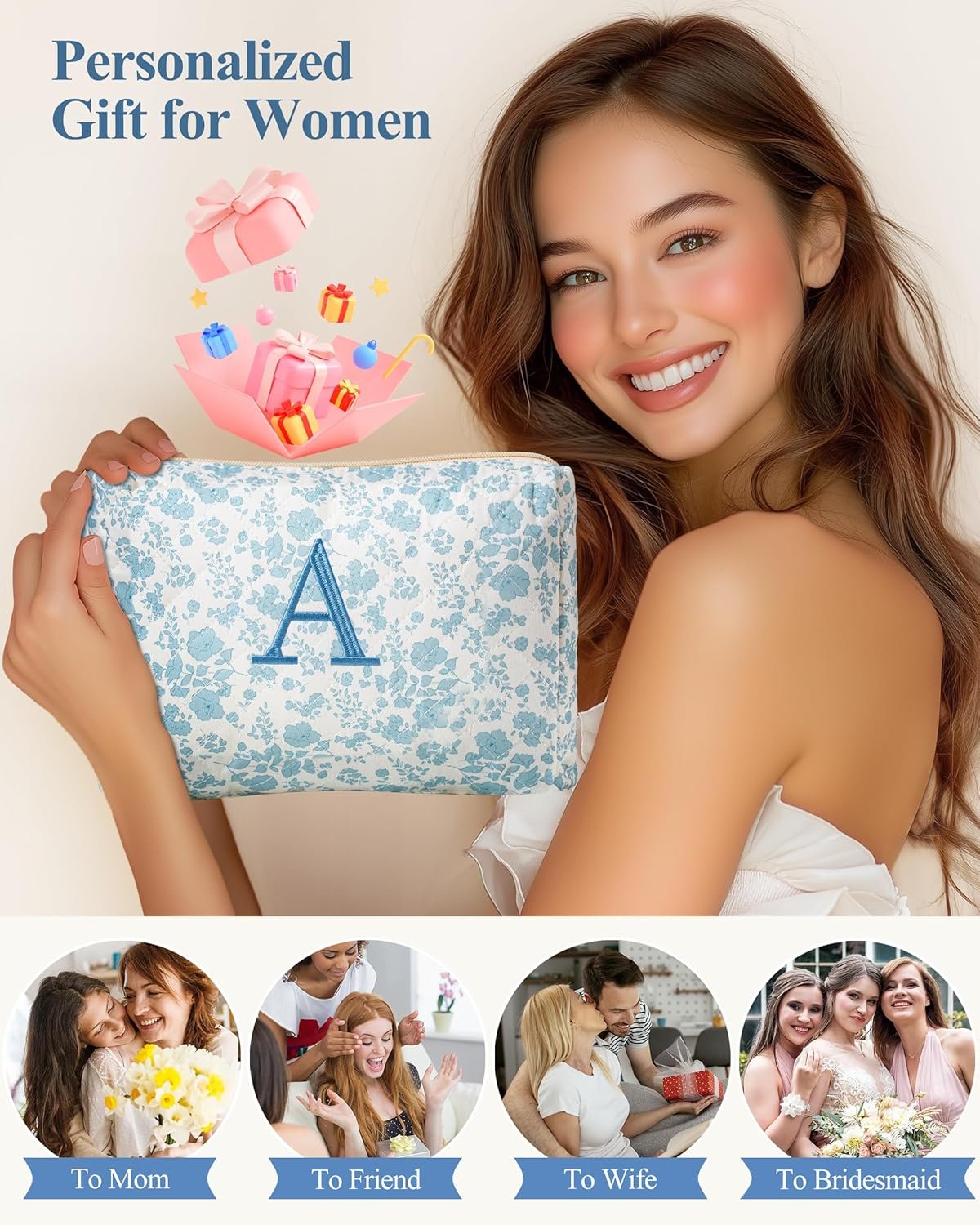 Custom Logo Initial Quilted Cotton Large Makeup Bag Private Label Cute Floral Coquette Travel Cosmetic Toiletry Bag for Women Girls Size S Manufacturer