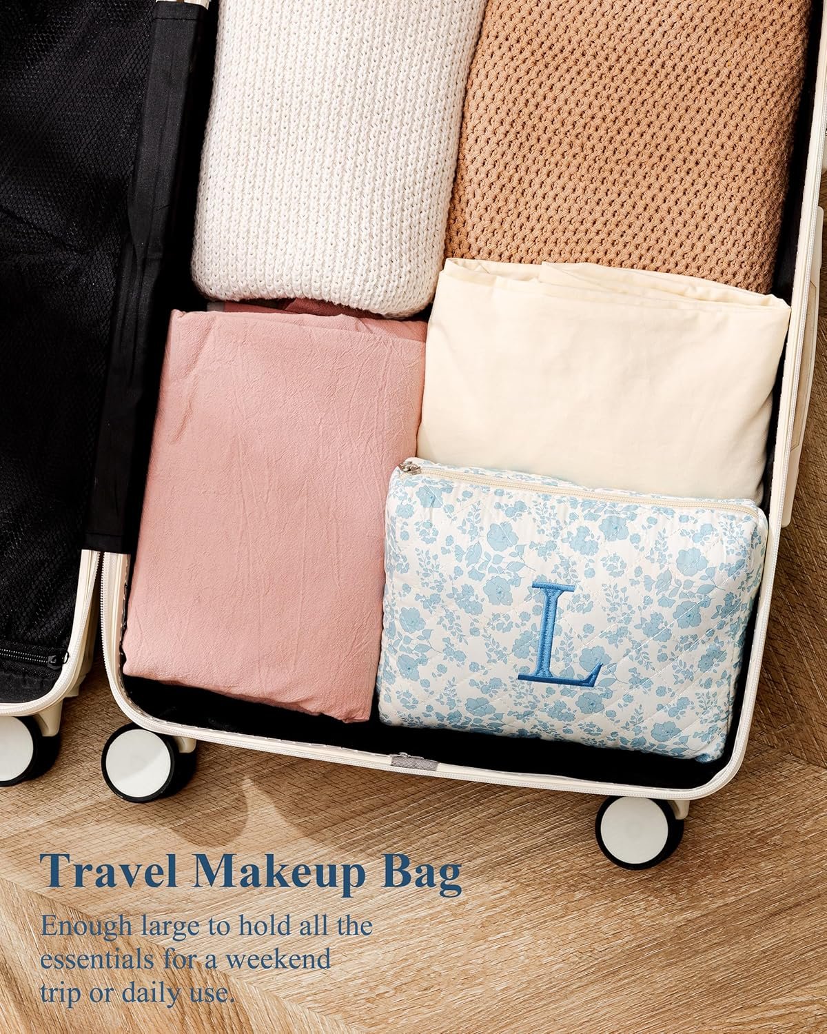 Custom Logo Initial Quilted Cotton Large Makeup Bag Private Label Cute Floral Coquette Travel Cosmetic Toiletry Bag for Women Girls Size S Manufacturer