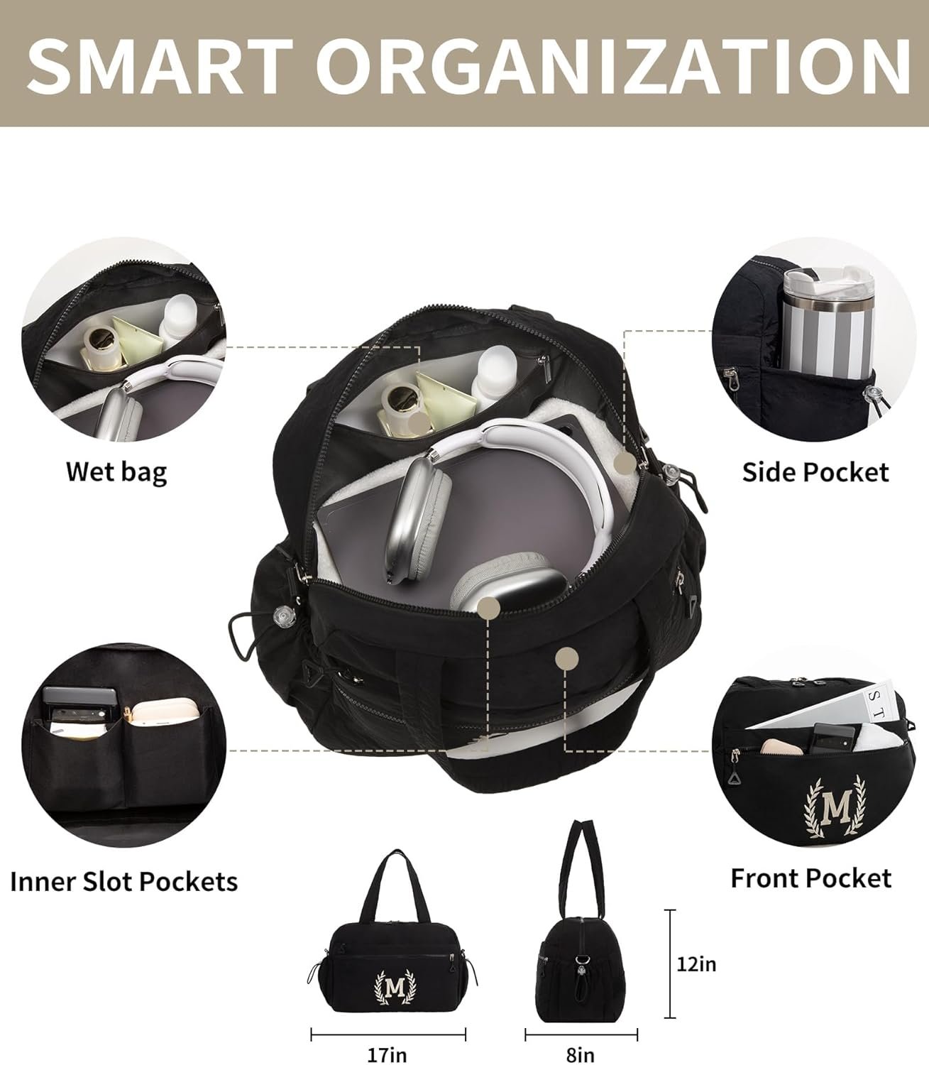 Custom Logo Gym Duffel Bag for Women and Men – Private Label Embroidered Initial Sports Duffel with Luggage Sleeve – Personalized Travel Workout Bag from Manufacturer (Black, M)