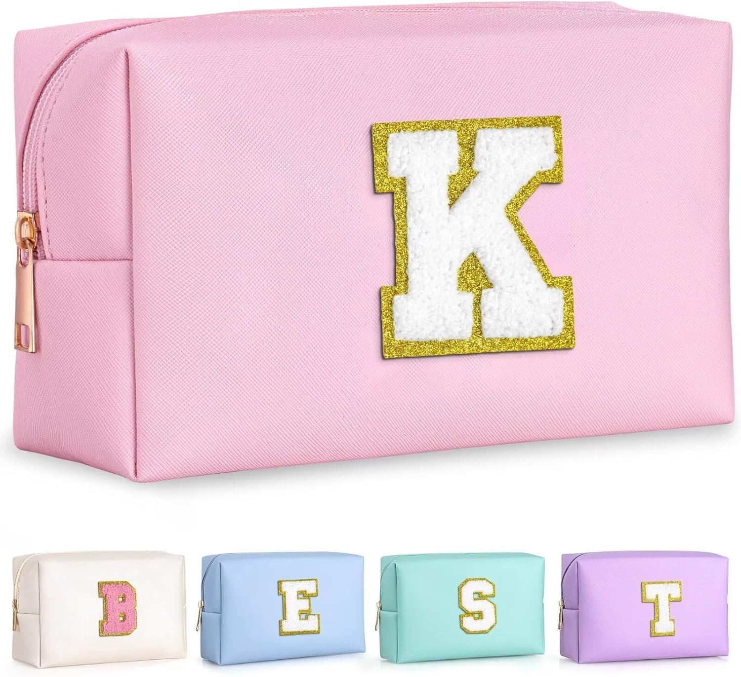 Private Label Initial Makeup Bag Cosmetic Travel Toiletry Pouch with Custom Logo for Women and Teen Girls Pink K Factory