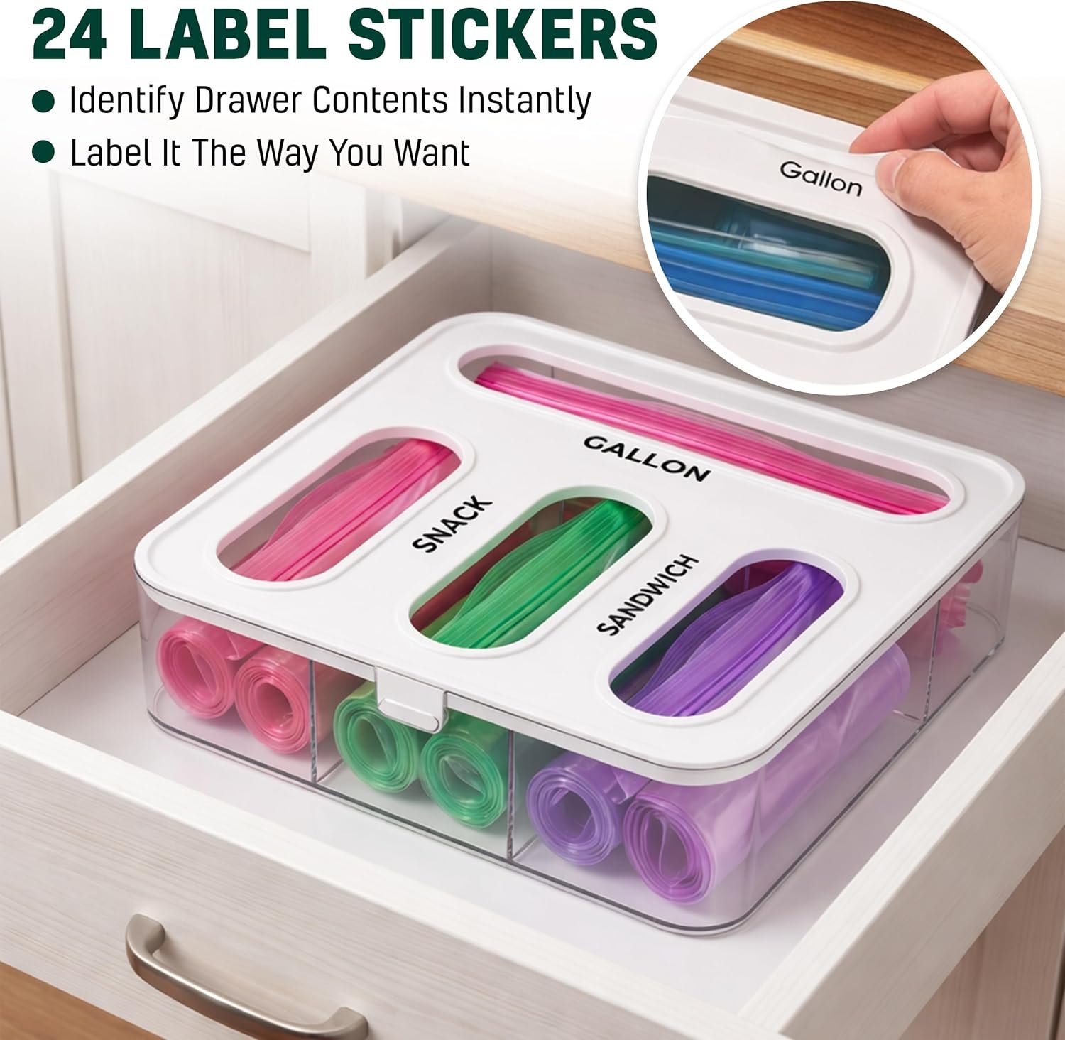 Private Label 4 in 1 Plastic Food Storage Bag Organizer - Custom Logo Baggie Drawer Organizer Compatible with Sandwich Snack Gallon Quart Slider - Kitchen Storage Wall Drawer Mount Manufacturer