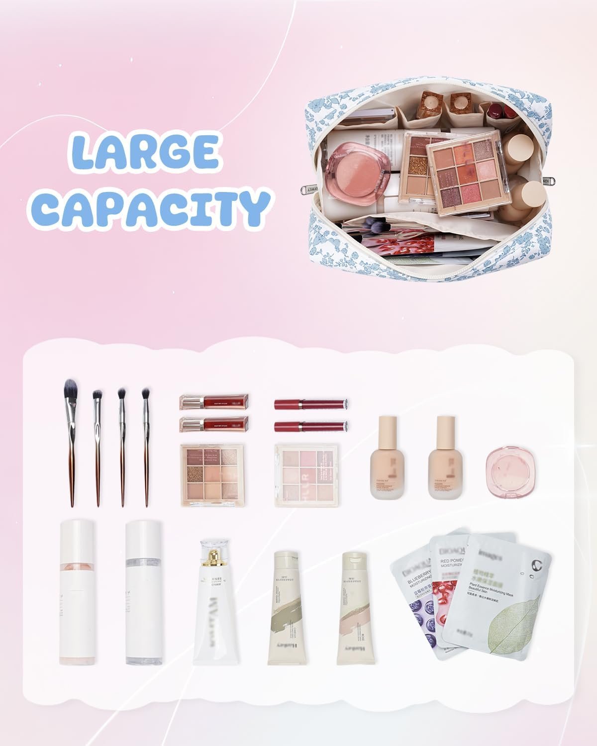 Private Label Easter Basket Gifts Personalized Initial Floral Makeup Bag Custom Logo for Teen Girls Kids Women Cute Cosmetic Travel Toiletry Bag 8 10 11 12 14 16 18 Years Old Manufacturer (Blue Flower A)