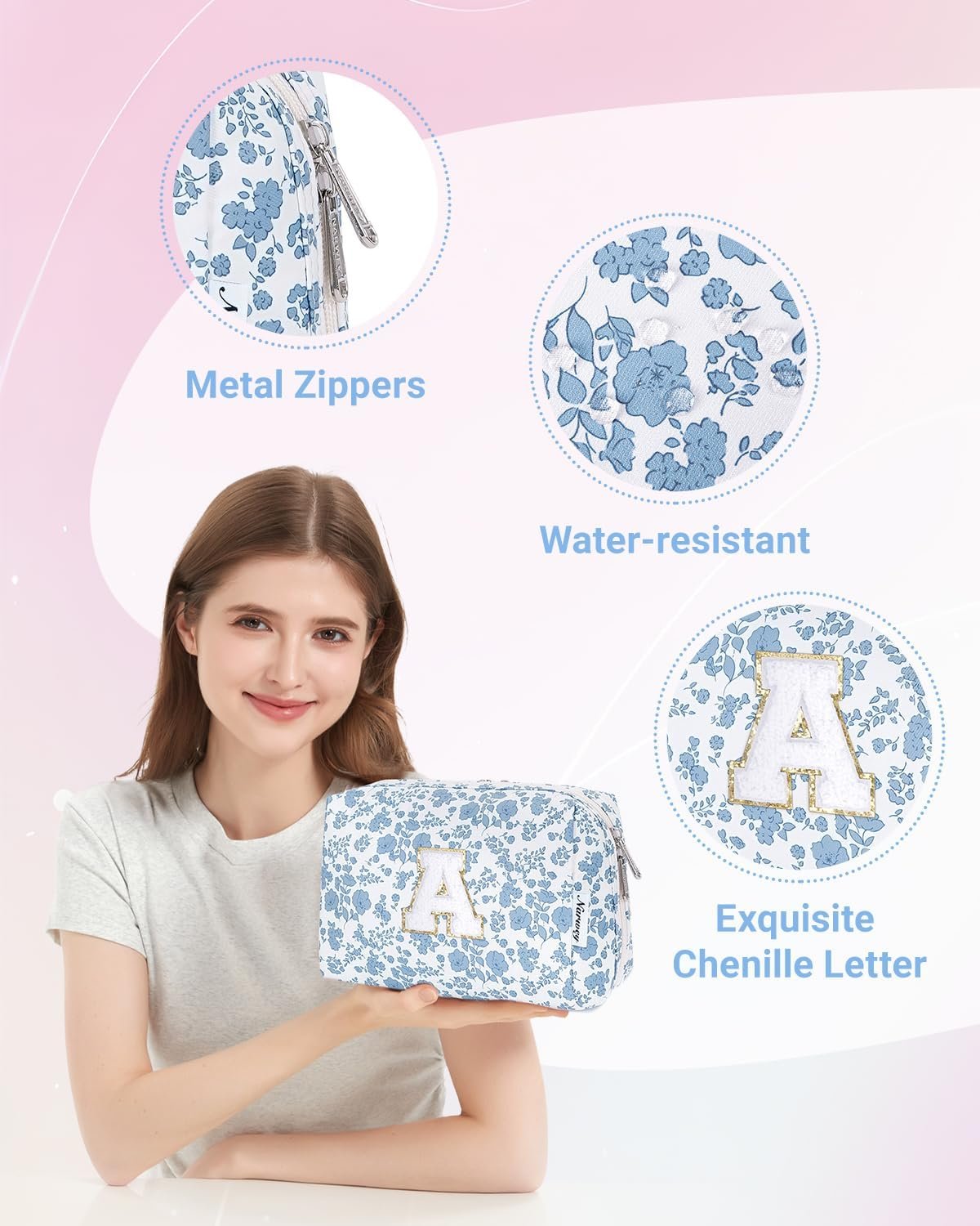 Private Label Easter Basket Gifts Personalized Initial Floral Makeup Bag Custom Logo for Teen Girls Kids Women Cute Cosmetic Travel Toiletry Bag 8 10 11 12 14 16 18 Years Old Manufacturer (Blue Flower A)