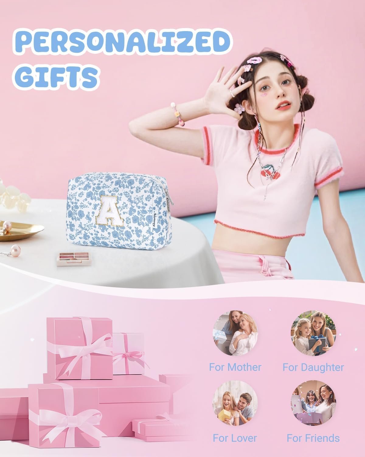 Private Label Easter Basket Gifts Personalized Initial Floral Makeup Bag Custom Logo for Teen Girls Kids Women Cute Cosmetic Travel Toiletry Bag 8 10 11 12 14 16 18 Years Old Manufacturer (Blue Flower A)