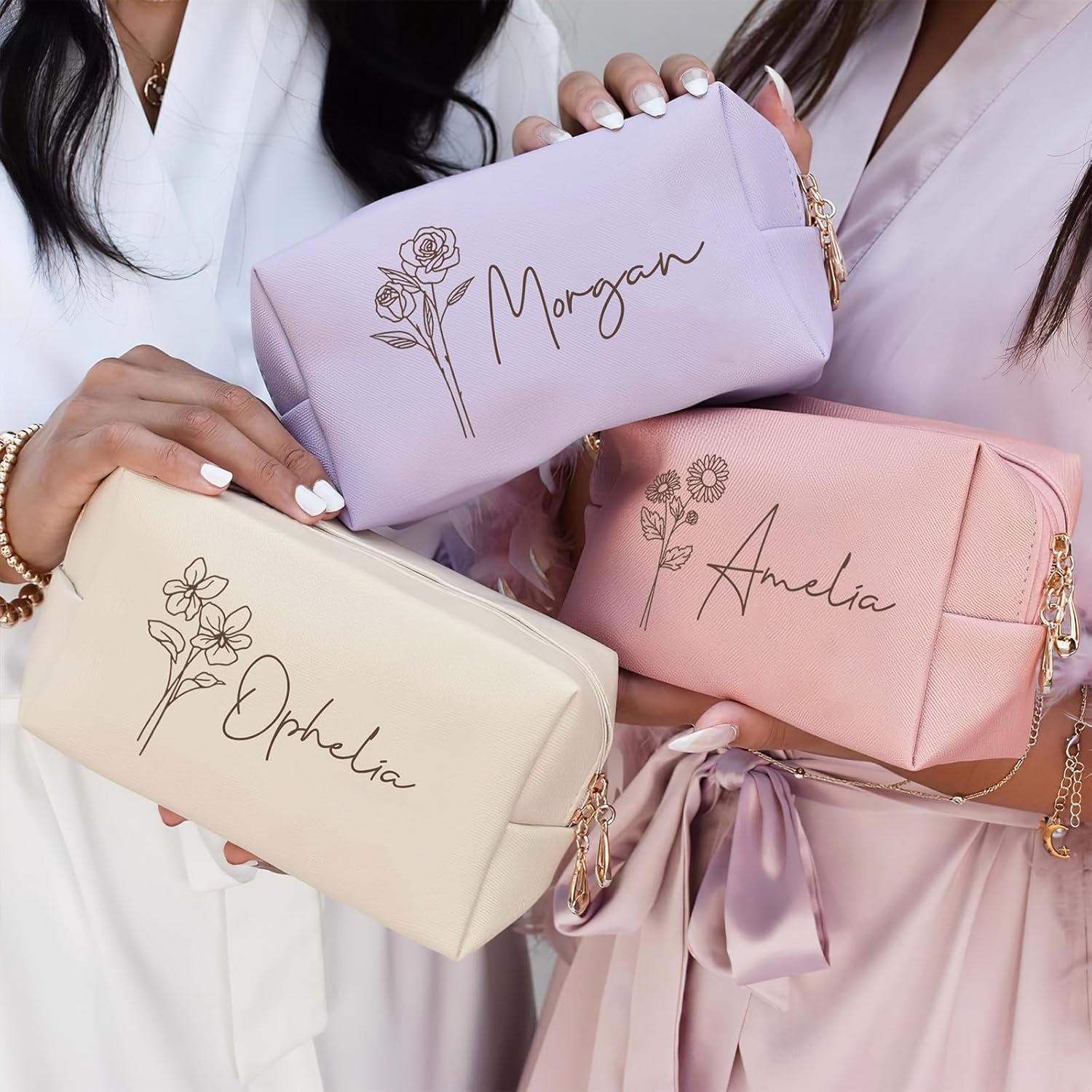 Private Label Personalized Makeup Bag with Name and Birth Flower Bridesmaid Gifts, Custom Logo Valentines Day Gifts for Women Teenage Girls, Travel Makeup Bag Manufacturer