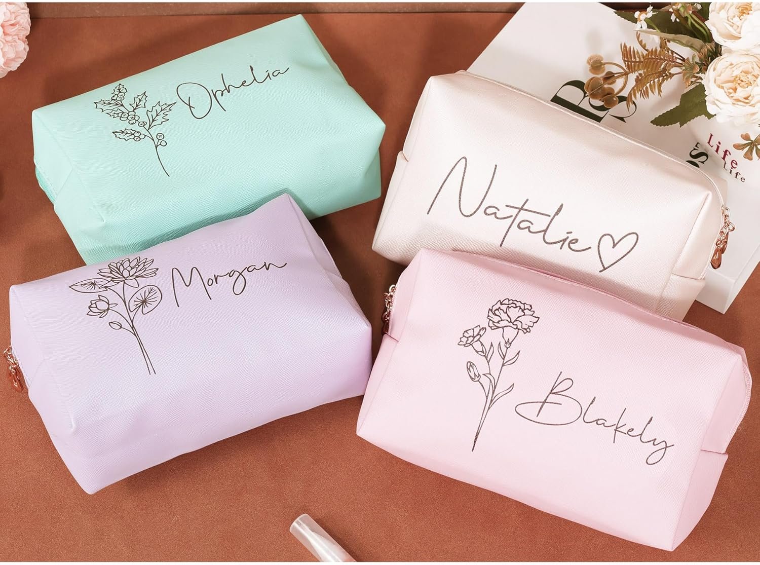 Private Label Personalized Makeup Bag with Name and Birth Flower Bridesmaid Gifts, Custom Logo Valentines Day Gifts for Women Teenage Girls, Travel Makeup Bag Manufacturer