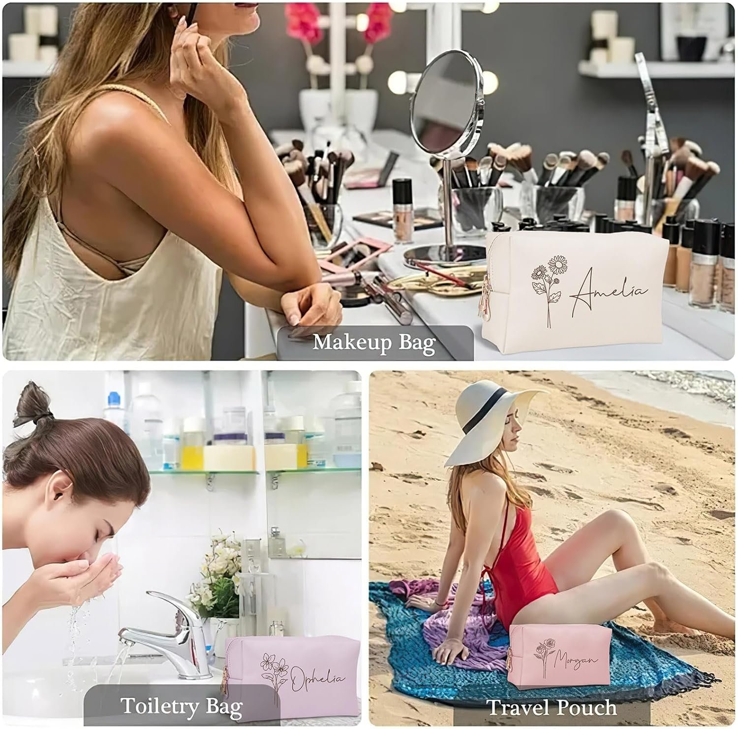 Private Label Personalized Makeup Bag with Name and Birth Flower Bridesmaid Gifts, Custom Logo Valentines Day Gifts for Women Teenage Girls, Travel Makeup Bag Manufacturer