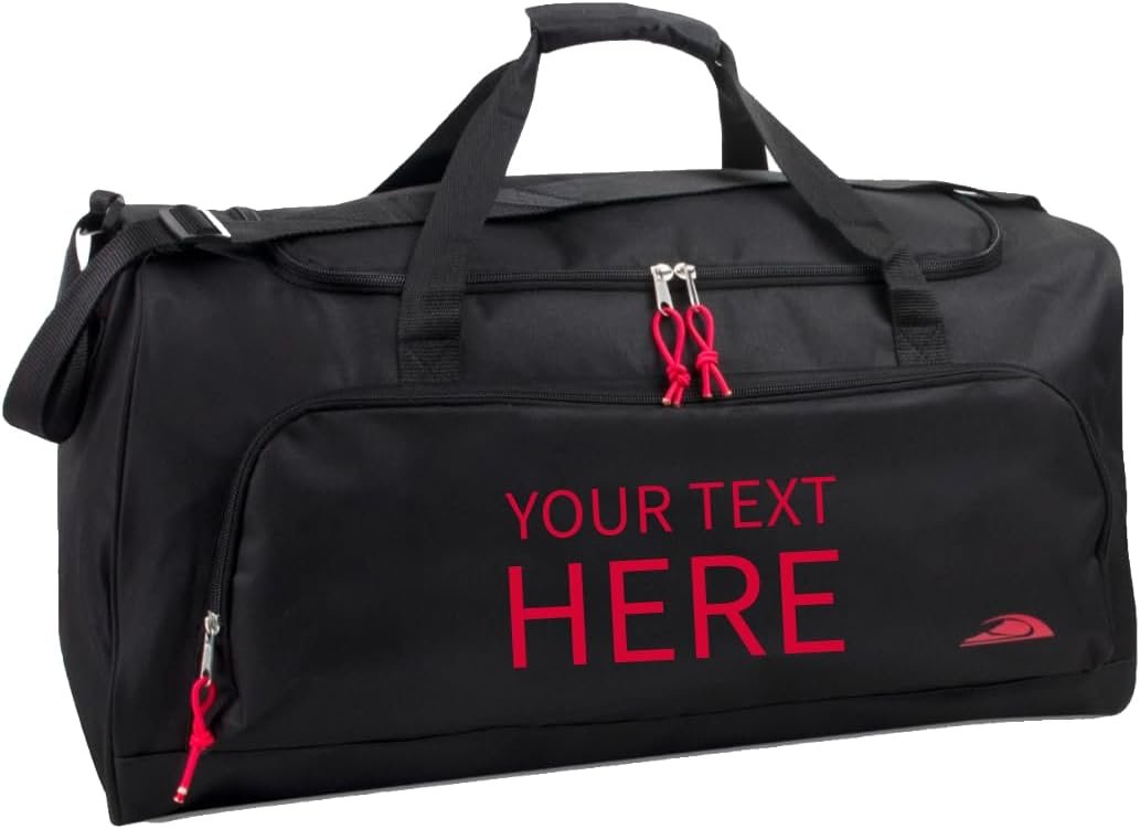 Custom Logo Duffel Bag - Private Label Personalized Text Strong Denier Polyester Design 24x12x11.5 Inches - Three Spacious Zippered Compartments Manufacturer