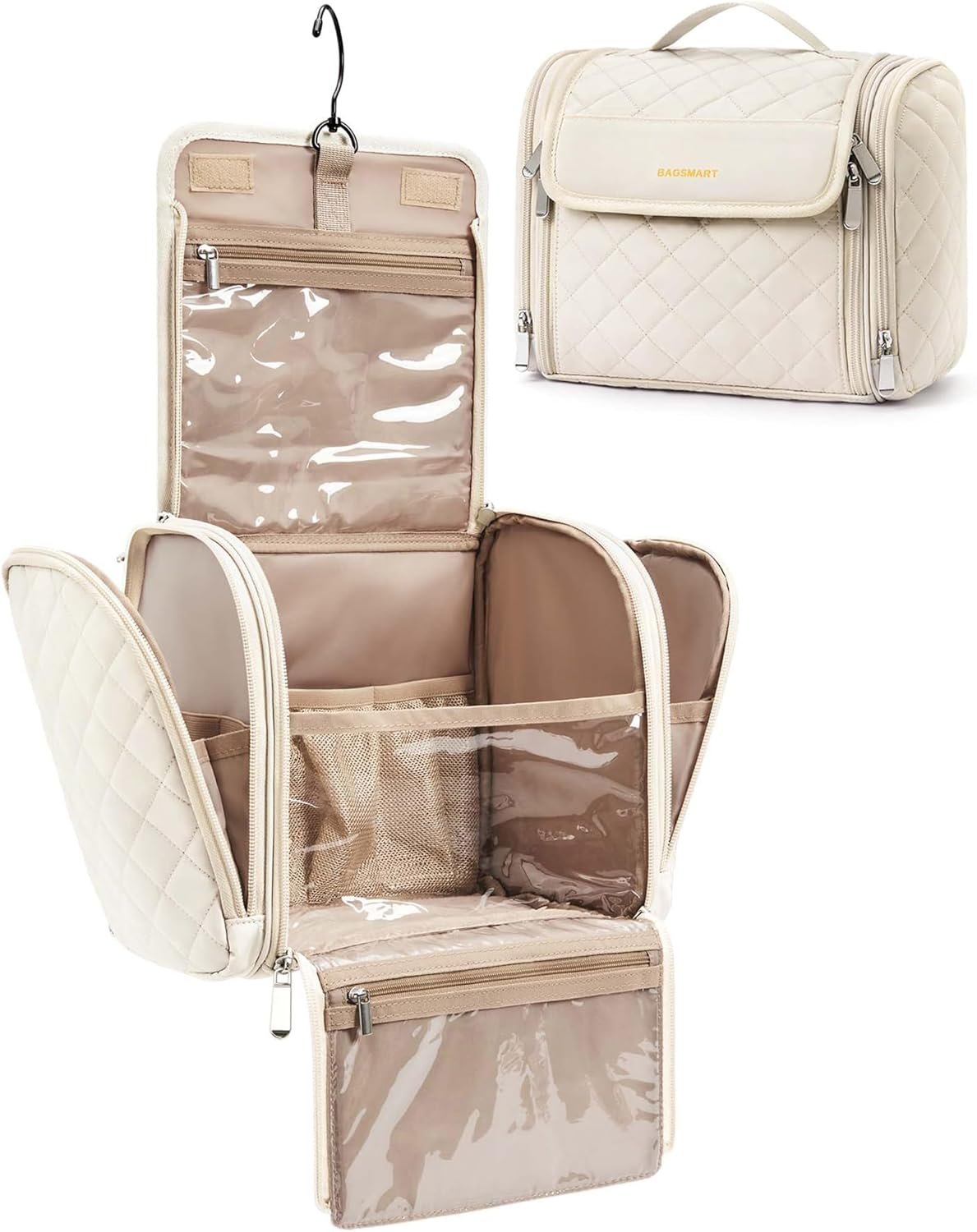 Custom Logo Toiletry Travel Makeup Bag with Hanging Hook Private Label Large Capacity Water-Resistant Cosmetic Organizer Case Manufacturer for Toiletries Accessories Brushes Sponge Beige