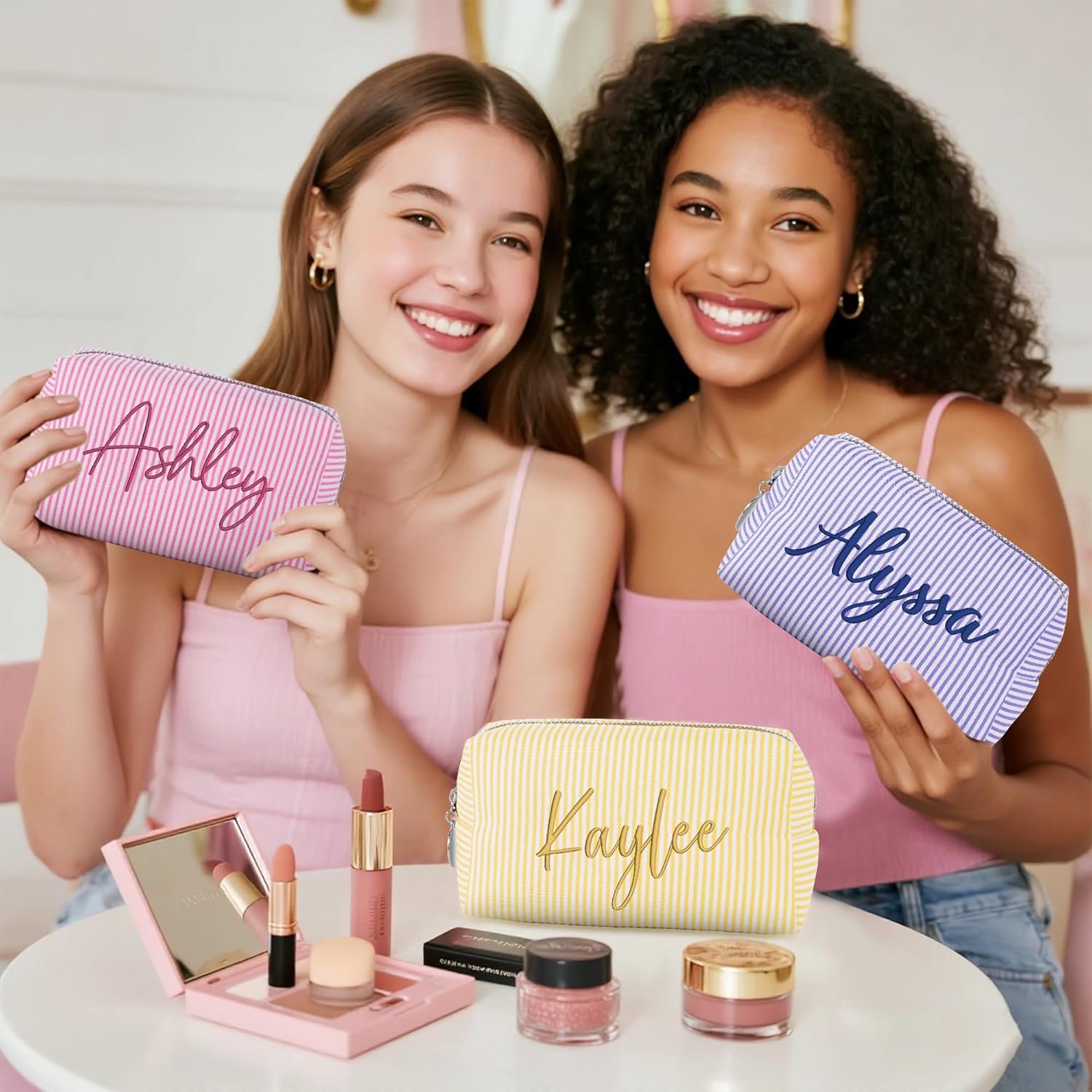 Manufacturer Large Capacity Personalized Makeup Bag with Name Custom Logo Travel Toiletry Case Private Label Seersucker Cosmetic Bag Wedding Birthday Gifts for Girls Women Manufacturer Large Capacity Personalized Makeup Bag with Name Custom Logo Travel Toiletry Case Private Label Seersucker Cosmetic Bag Wedding Birthday Gifts for Girls Women