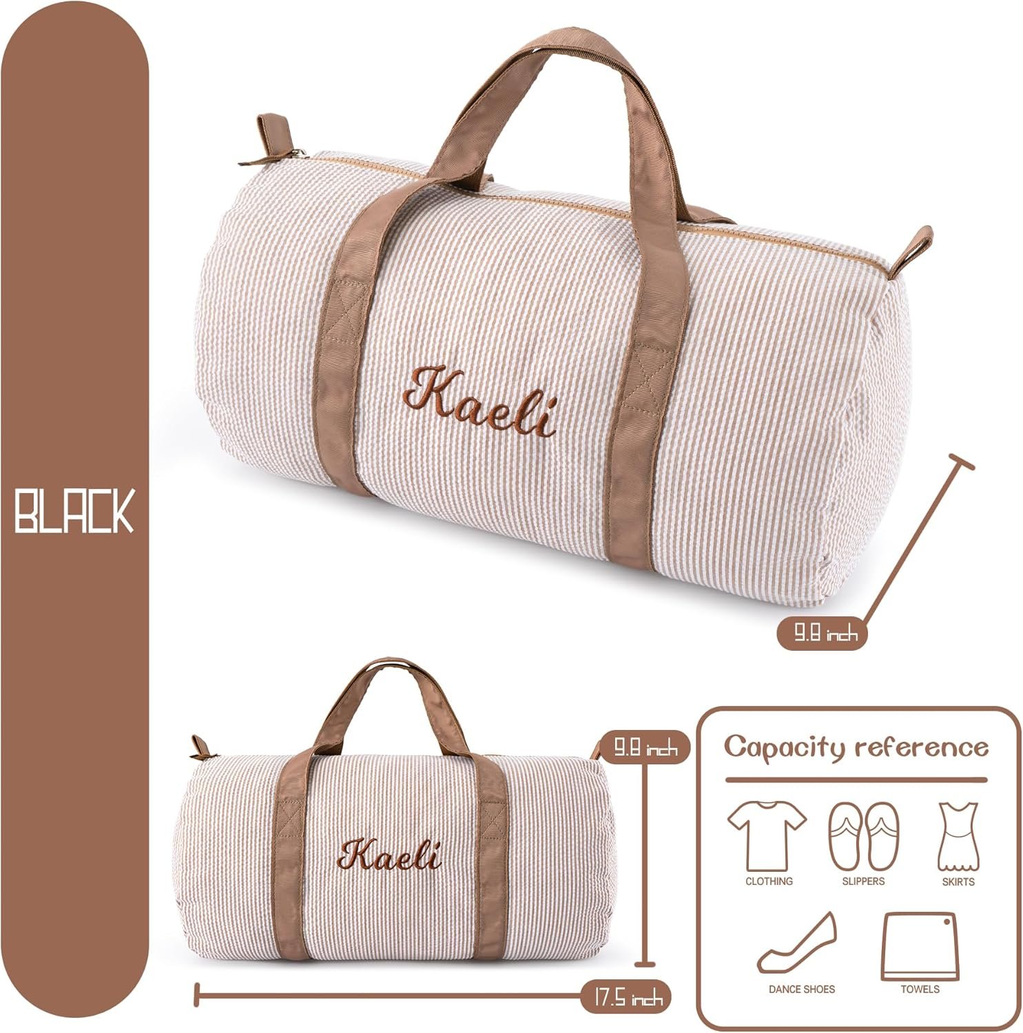 Private Label Seersucker Girls Small Duffle Bag Custom Logo Personalized Toddler Dance with Embroidered Name Little Girls Ballet Gym Overnight Weekender Travel Factory Birthday Baby Shower Gifts Brown