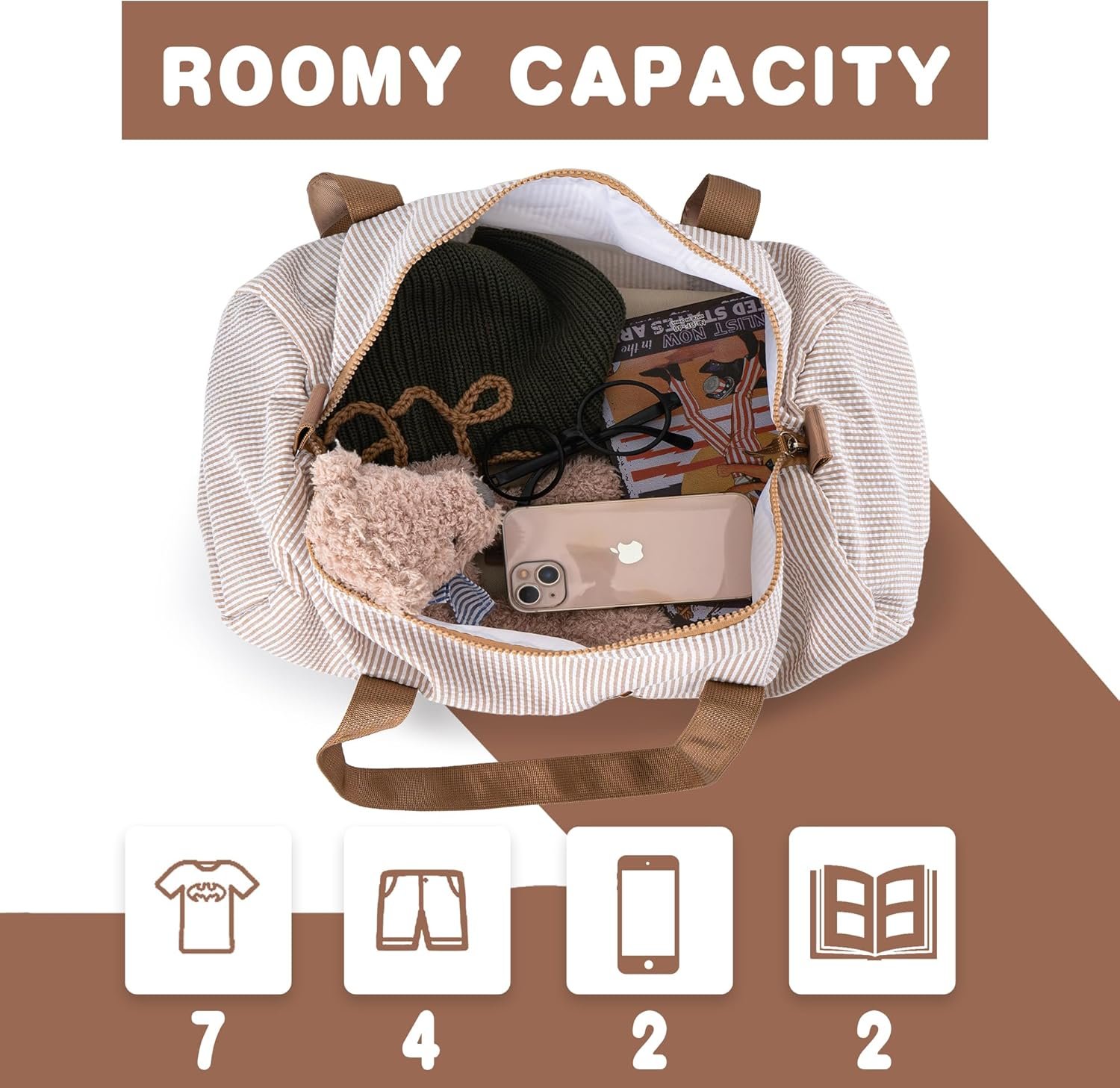 Private Label Seersucker Girls Small Duffle Bag Custom Logo Personalized Toddler Dance with Embroidered Name Little Girls Ballet Gym Overnight Weekender Travel Factory Birthday Baby Shower Gifts Brown