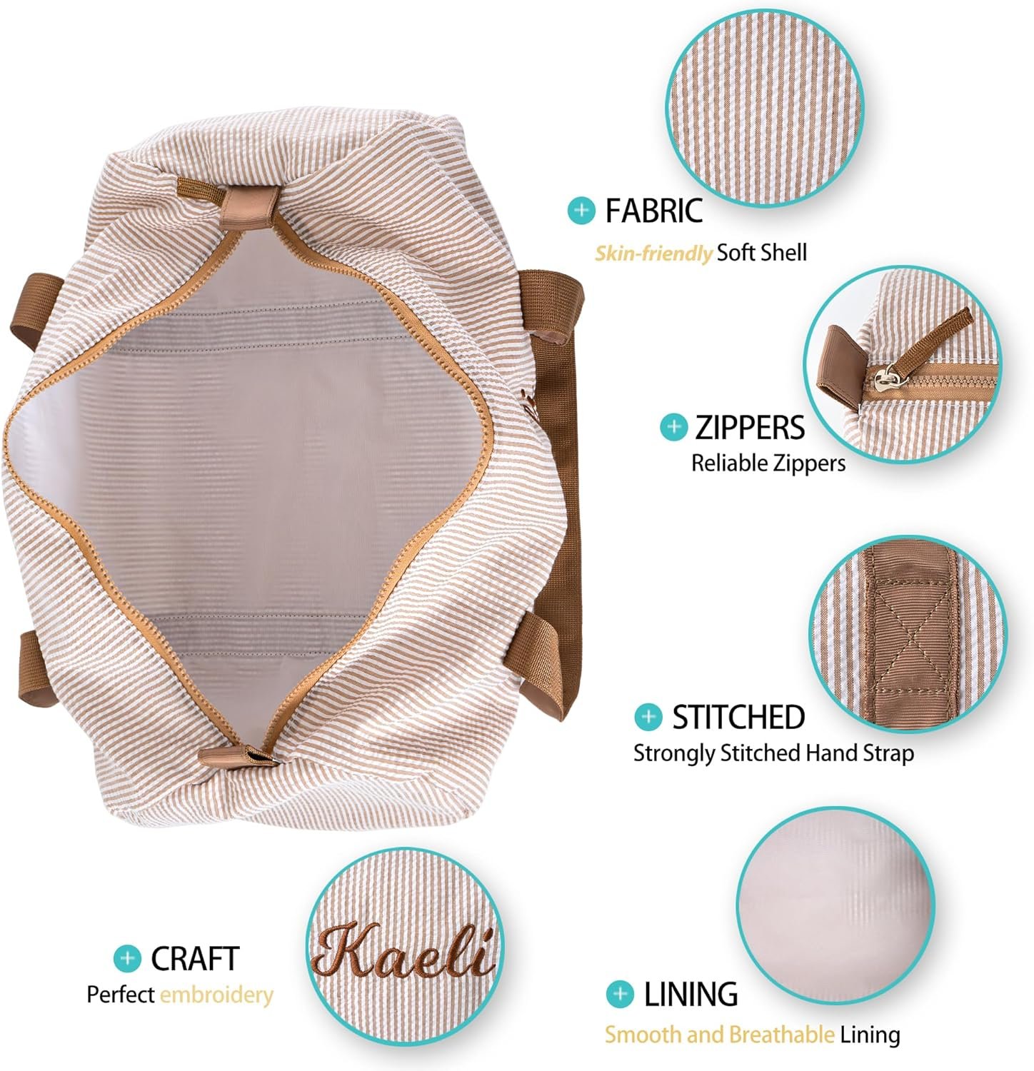 Private Label Seersucker Girls Small Duffle Bag Custom Logo Personalized Toddler Dance with Embroidered Name Little Girls Ballet Gym Overnight Weekender Travel Factory Birthday Baby Shower Gifts Brown