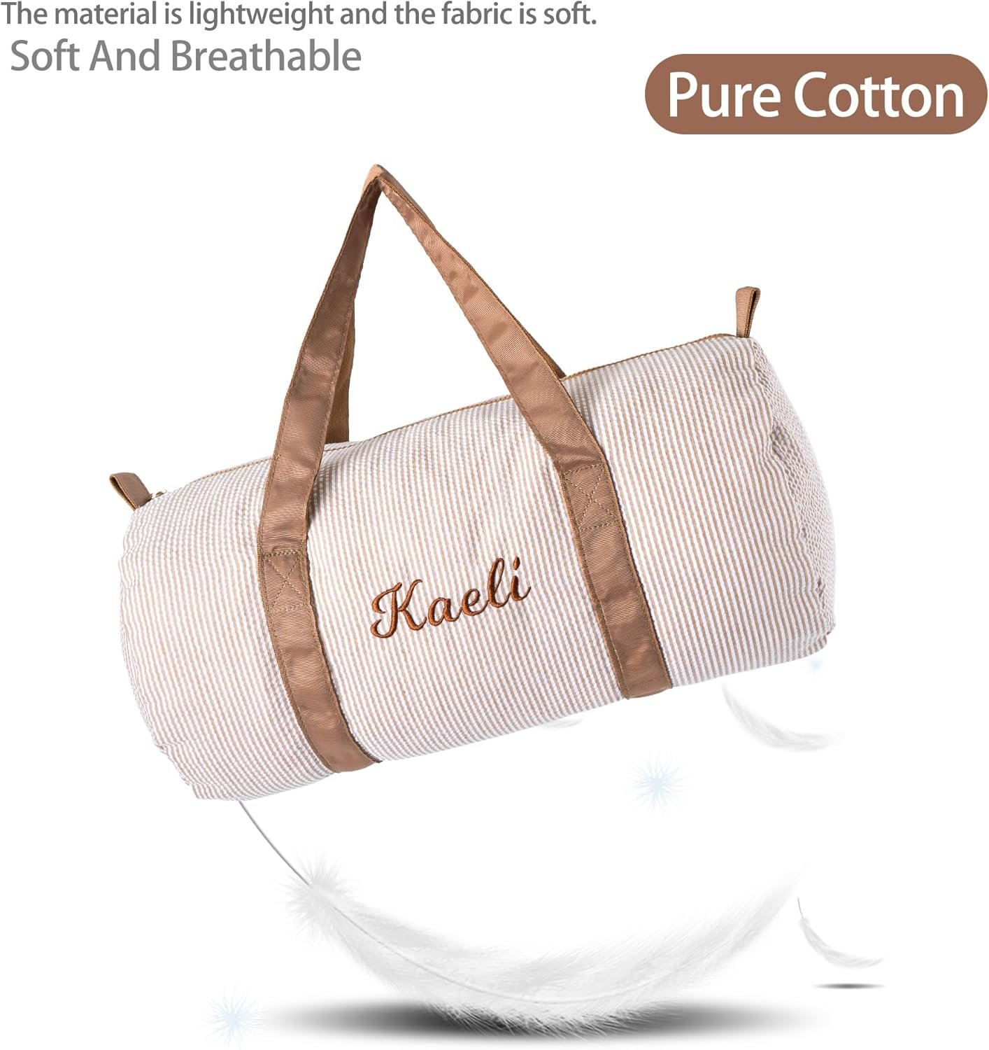 Private Label Seersucker Girls Small Duffle Bag Custom Logo Personalized Toddler Dance with Embroidered Name Little Girls Ballet Gym Overnight Weekender Travel Factory Birthday Baby Shower Gifts Brown