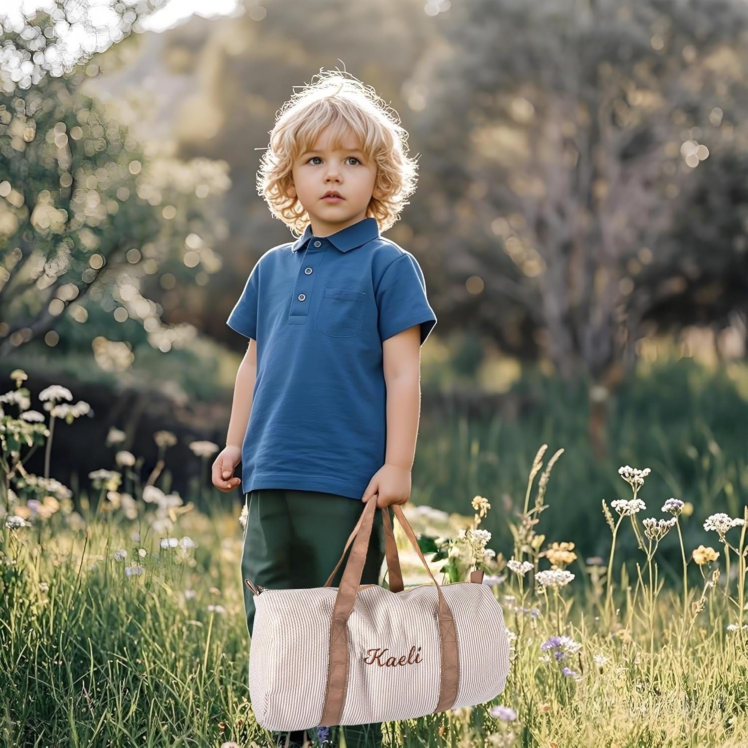 Private Label Seersucker Girls Small Duffle Bag Custom Logo Personalized Toddler Dance with Embroidered Name Little Girls Ballet Gym Overnight Weekender Travel Factory Birthday Baby Shower Gifts Brown