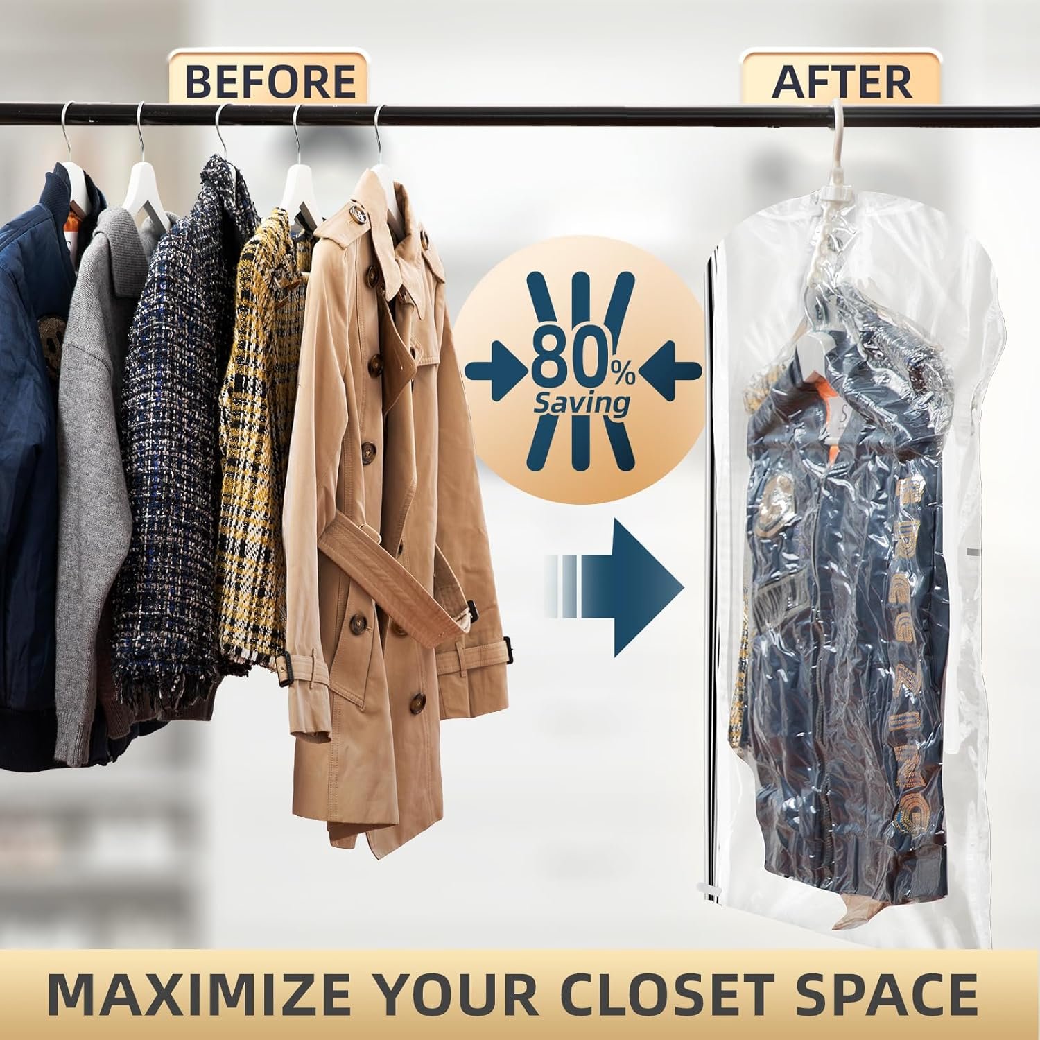 Custom Logo Hanging Vacuum Storage Sealer Space Saver Bags Private Label for Clothing Suits Jackets Closet Organizers Travel Set of 4 (2 Long 2 Short) Clear Factory