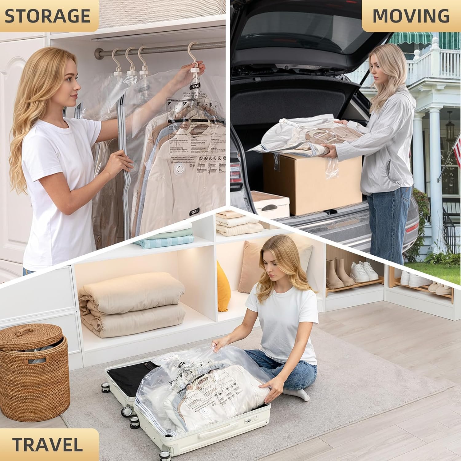 Custom Logo Hanging Vacuum Storage Sealer Space Saver Bags Private Label for Clothing Suits Jackets Closet Organizers Travel Set of 4 (2 Long 2 Short) Clear Factory