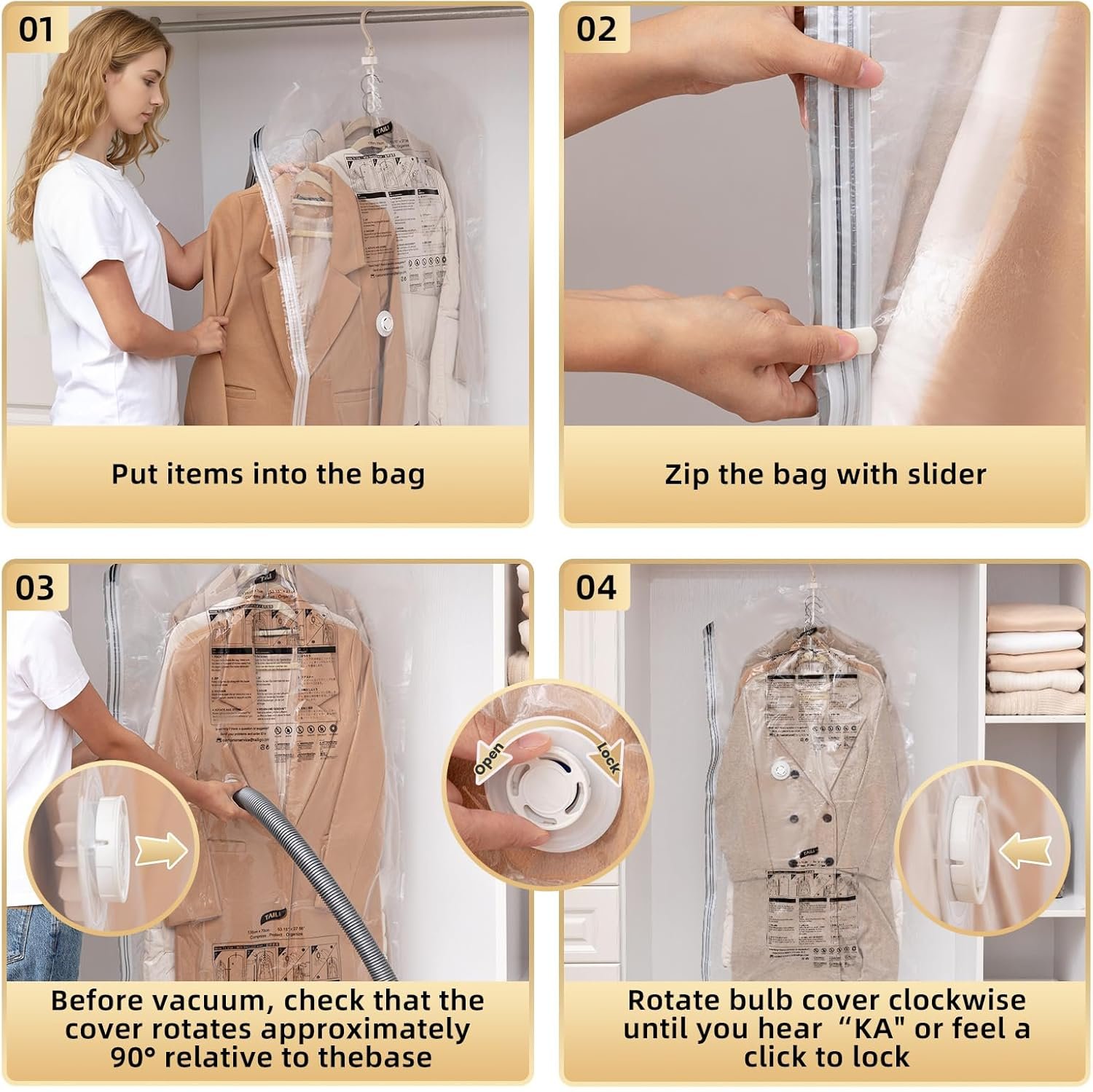 Custom Logo Hanging Vacuum Storage Sealer Space Saver Bags Private Label for Clothing Suits Jackets Closet Organizers Travel Set of 4 (2 Long 2 Short) Clear Factory