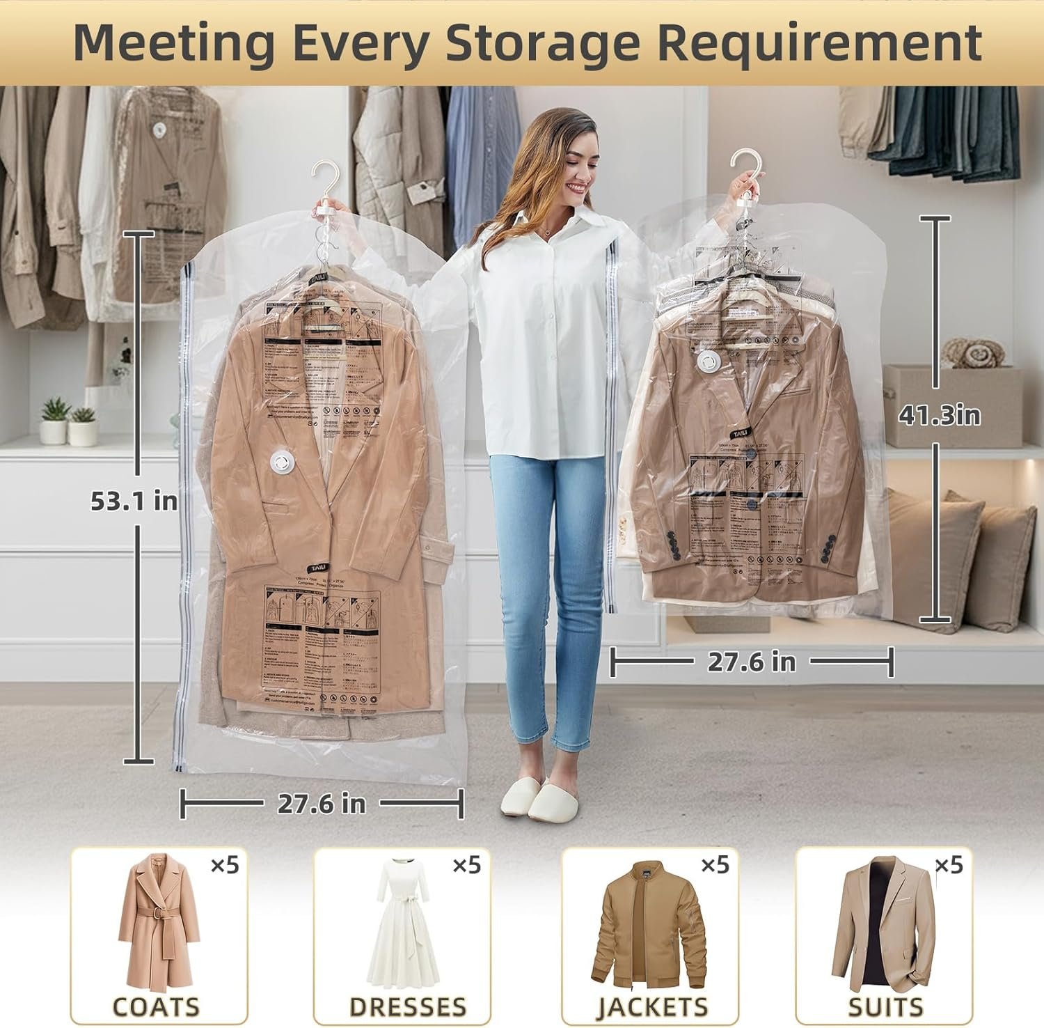 Custom Logo Hanging Vacuum Storage Sealer Space Saver Bags Private Label for Clothing Suits Jackets Closet Organizers Travel Set of 4 (2 Long 2 Short) Clear Factory
