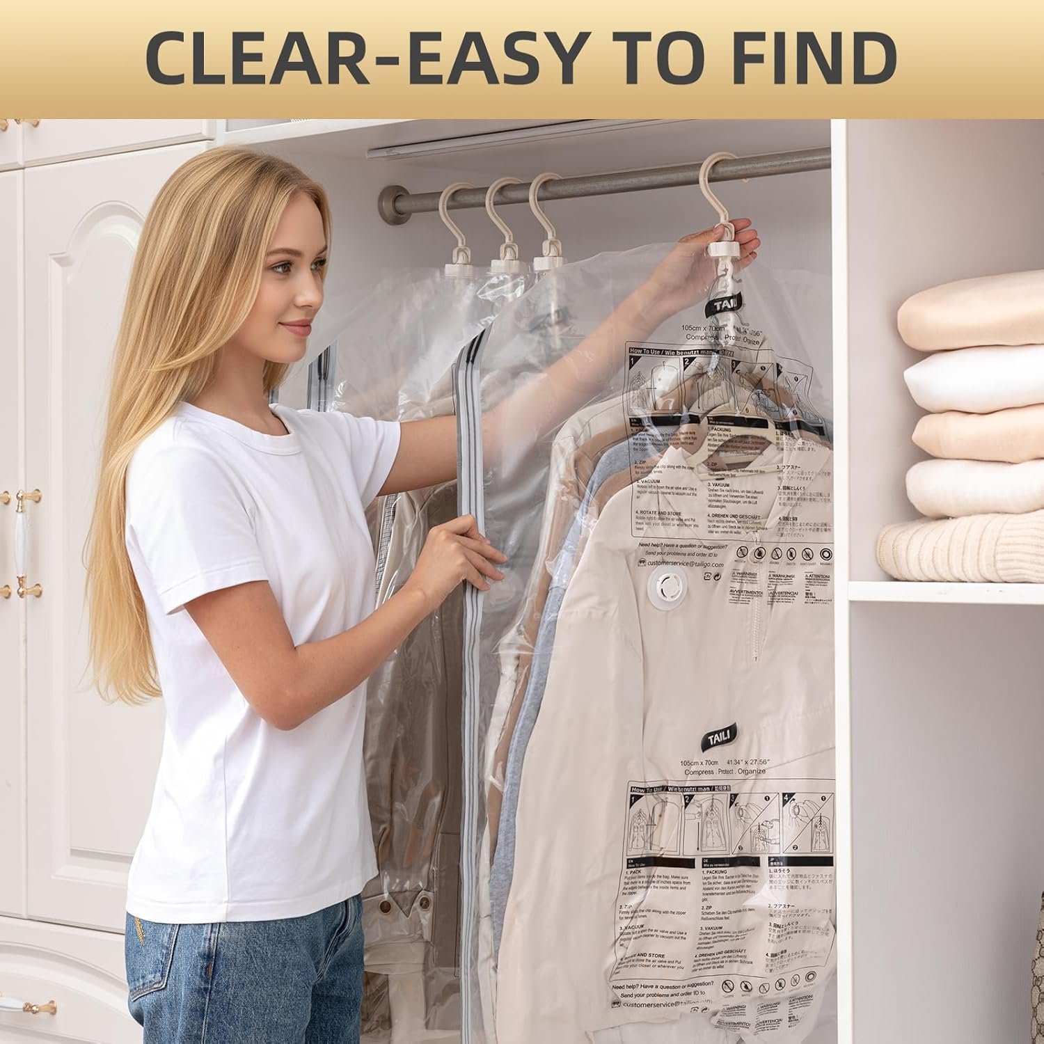 Custom Logo Hanging Vacuum Storage Sealer Space Saver Bags Private Label for Clothing Suits Jackets Closet Organizers Travel Set of 4 (2 Long 2 Short) Clear Factory