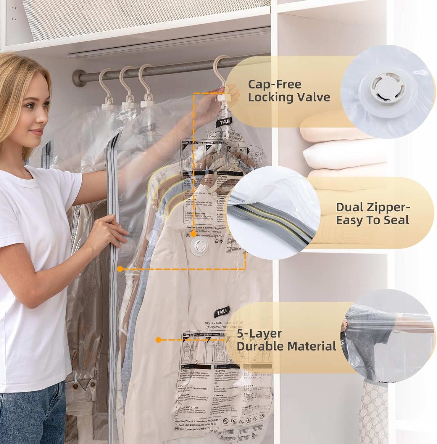 Custom Logo Hanging Vacuum Storage Sealer Space Saver Bags Private Label for Clothing Suits Jackets Closet Organizers Travel Set of 4 (2 Long 2 Short) Clear Factory