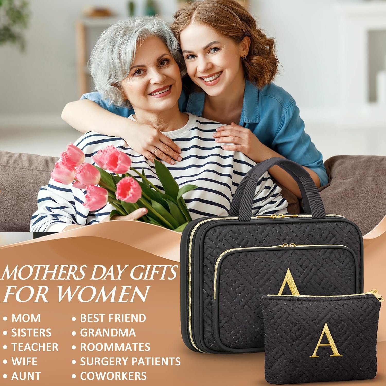 Private Label Initial Toiletry Bag Hanging Travel Organizer Makeup Cosmetic Bag with Custom Logo Embroidery Letter Personalized Gifts for Women Teacher Appreciation Birthday Valentines for Mom Wife Friend Sister Manufacturer