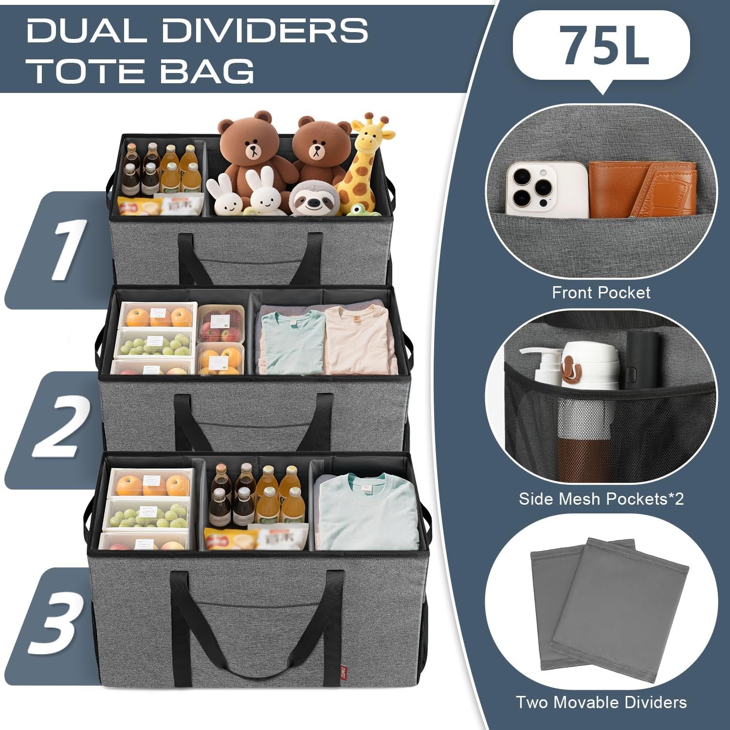 Custom Logo 75L Standing Extra Large Utility Tote Bag with Removable Dividers and 4-Sided Reinforcement for Private Label Reusable Grocery Shopping Bags from Manufacturer