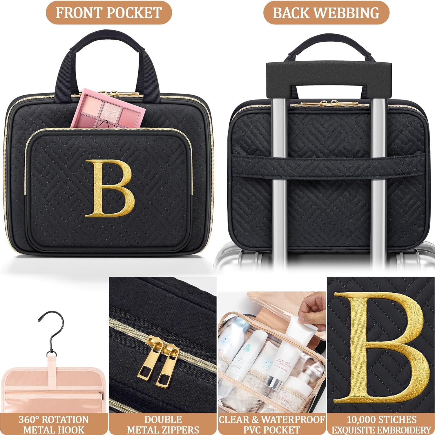 Private Label Personalized Initial Toiletry Bag Hanging Travel Organizer Makeup Cosmetic Bag with Embroidered Letter Custom Logo Teacher Appreciation Birthday Valentines Gifts for Women Mom Wife Friend Sister Factory